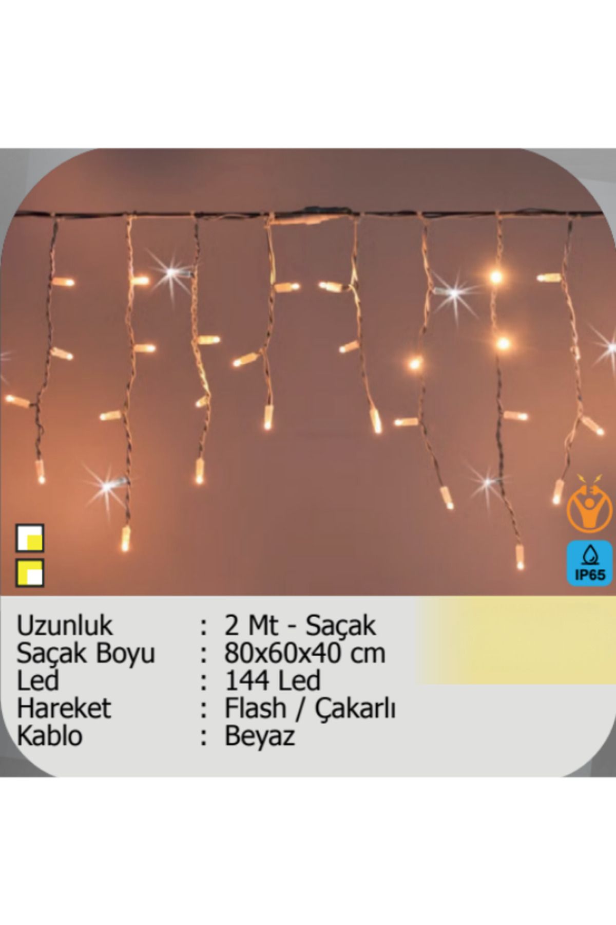 ELKHOUSE ElektrikHouse LED Peri Işığı 144 LED FlashÇakarlı 80x60x40 cm Beyaz 2 metre Saçak