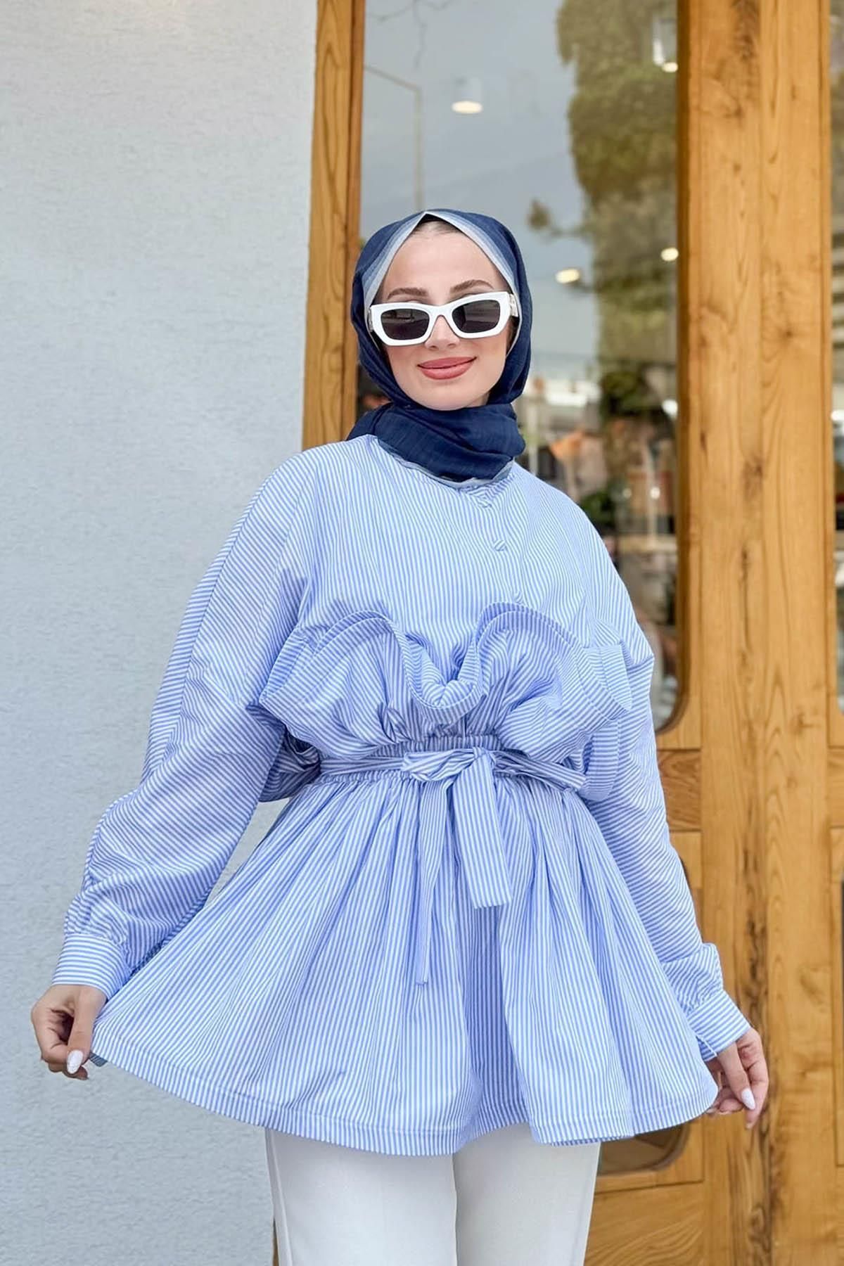 MERVE KAYKISIZ Grenli Çizgili Gömlek Lacivert