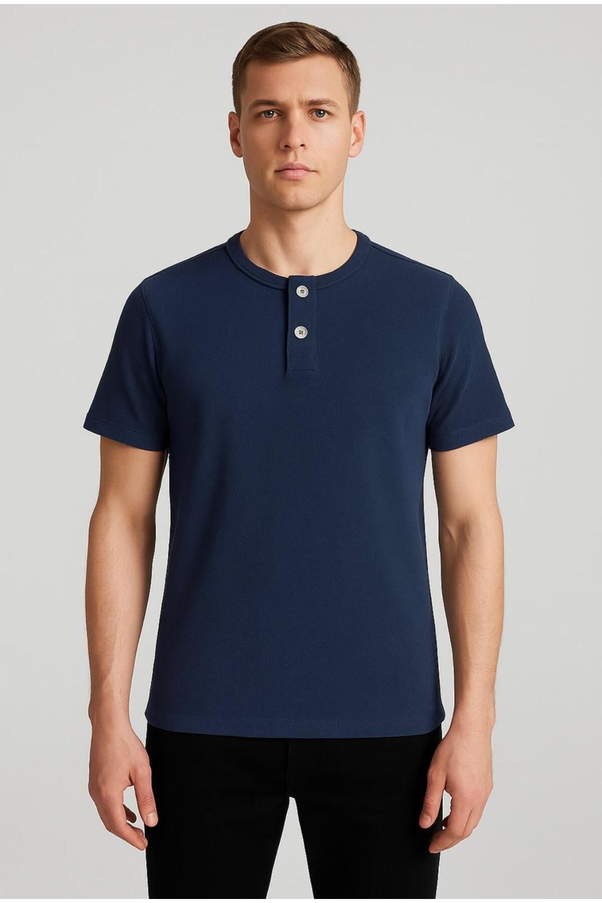 AXXEL Erkek Lacivert Henley Kısa Kollu T-shirt-d807