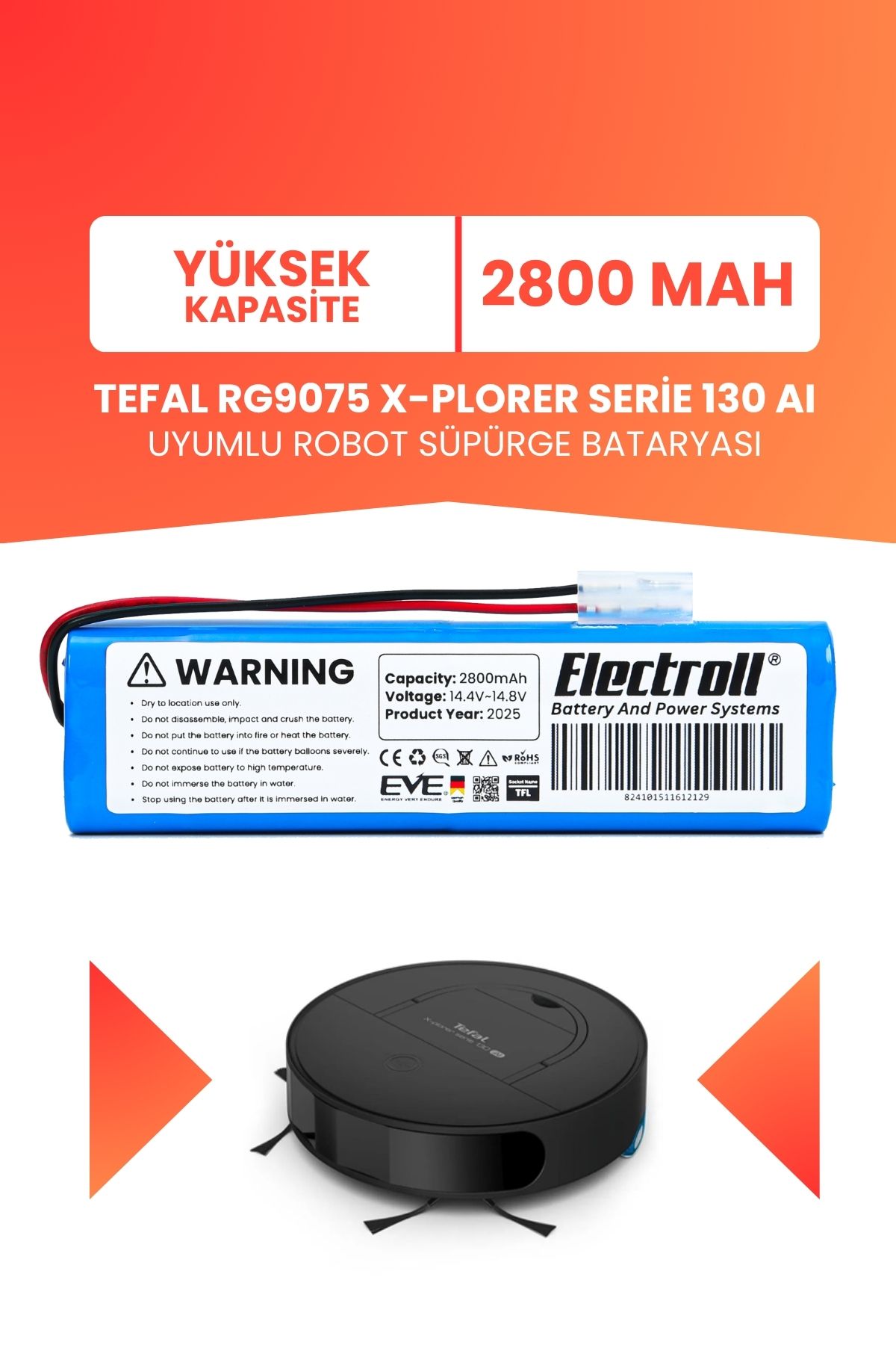 ELECTROLL Tefal RG9075 X-Plorer Serie 130 AI Uyumlu Batarya (YÜKSEK KAPASİTE) 2800mah Robot Süpürge Bataryası