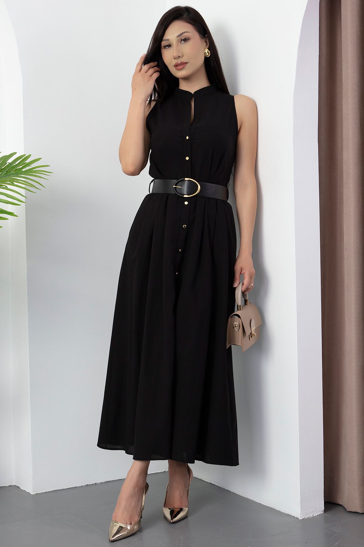 PULLIMM-Rochie de damă cu curea din piele cu nasturi GRS3747 3