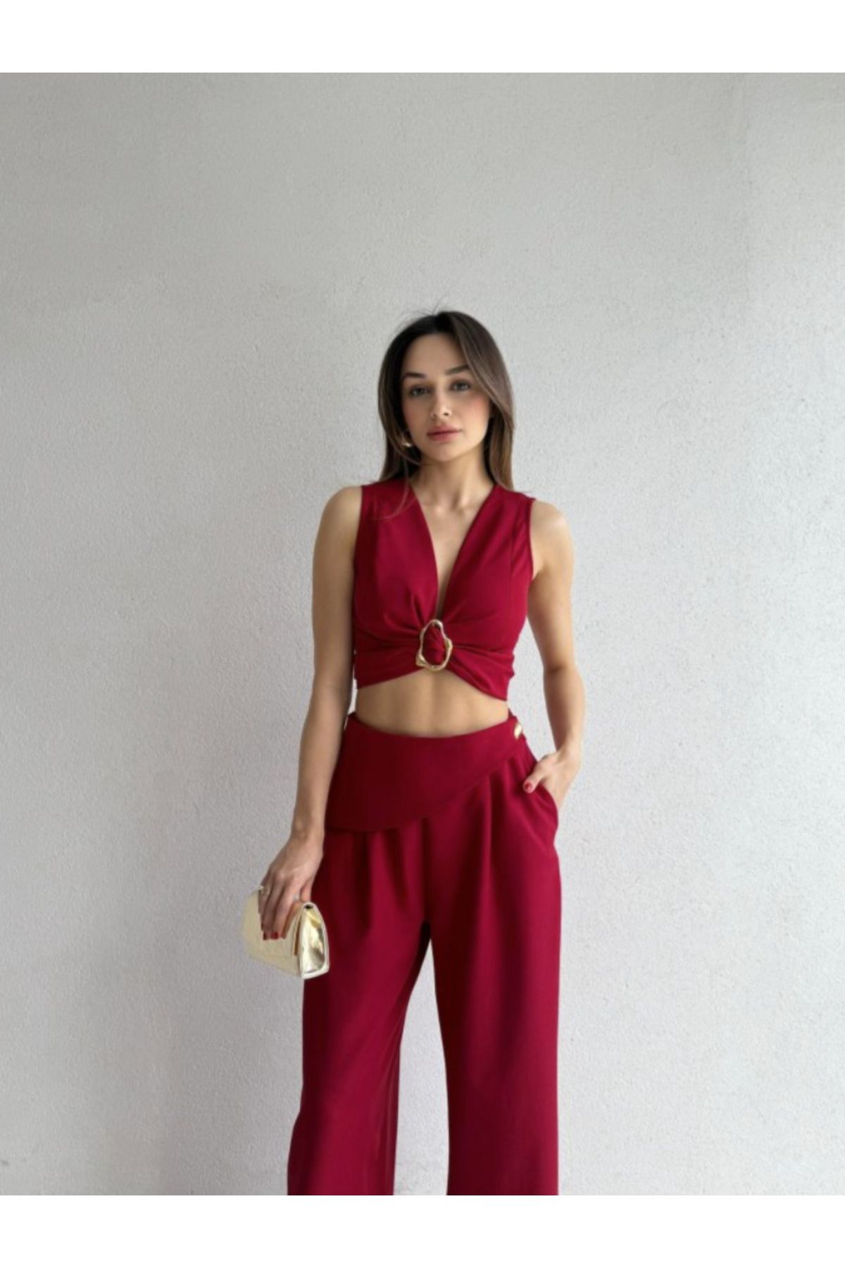 LuVinGen Kadın Kuşaklı Tokalı Crop Bluz ve Palazzo Pantolon Takım - Bordo | Mint | Siyah | Vizon