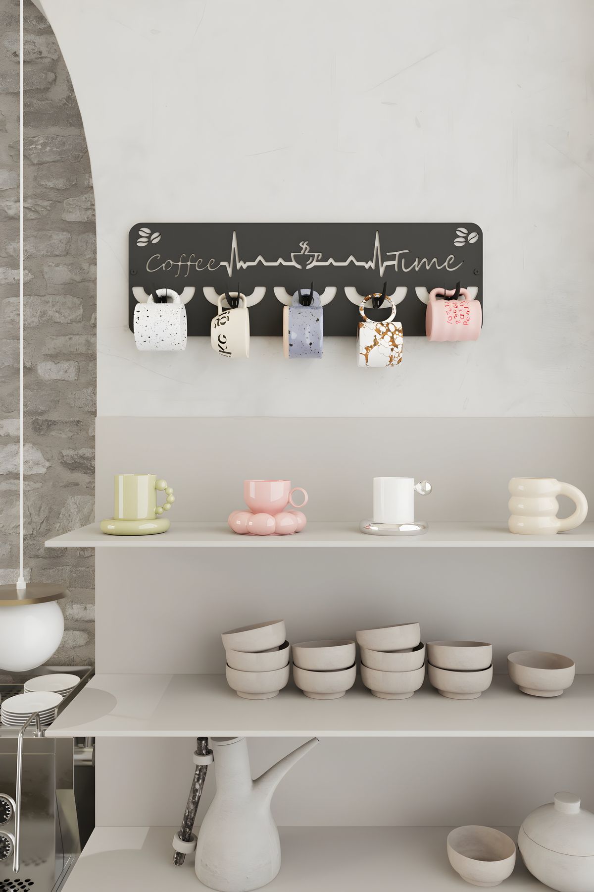 Grandmix Duvar Montajlı Kupa Askılığı Kahve Fincan Standı Kupa Bardak Askısı Mutfak Organizer 5 Kupa 50x16 cm