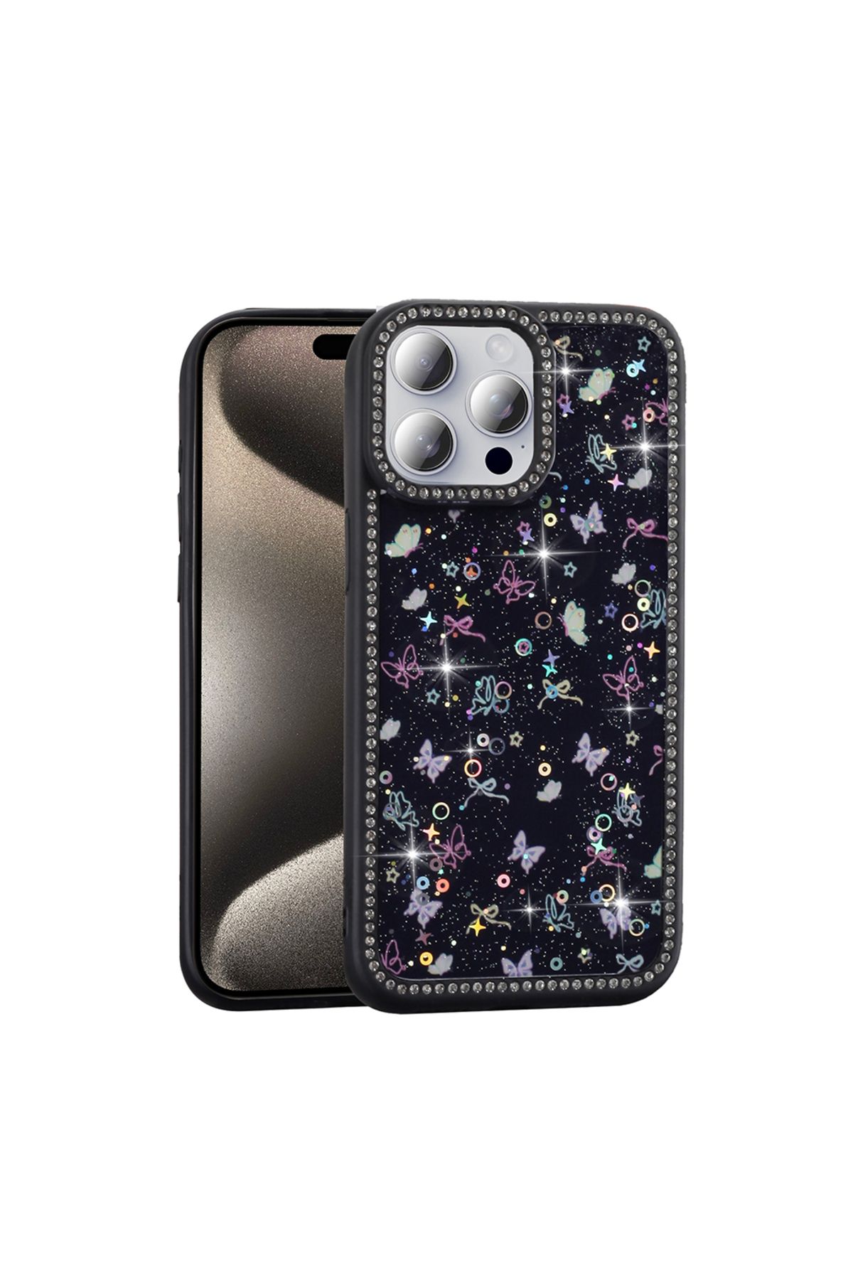 Teleplus iPhone 15 Pro Kılıf Azra Taşlı Simli Kapak