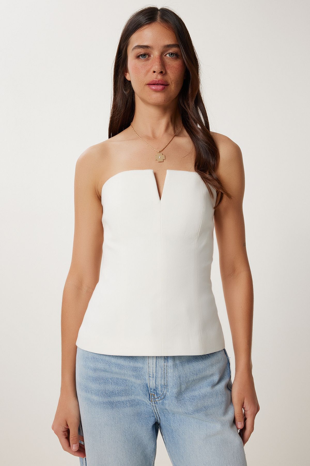 Lovelyİstanbul Straplez Crop Dokuma Bluz EKRU LFK0007