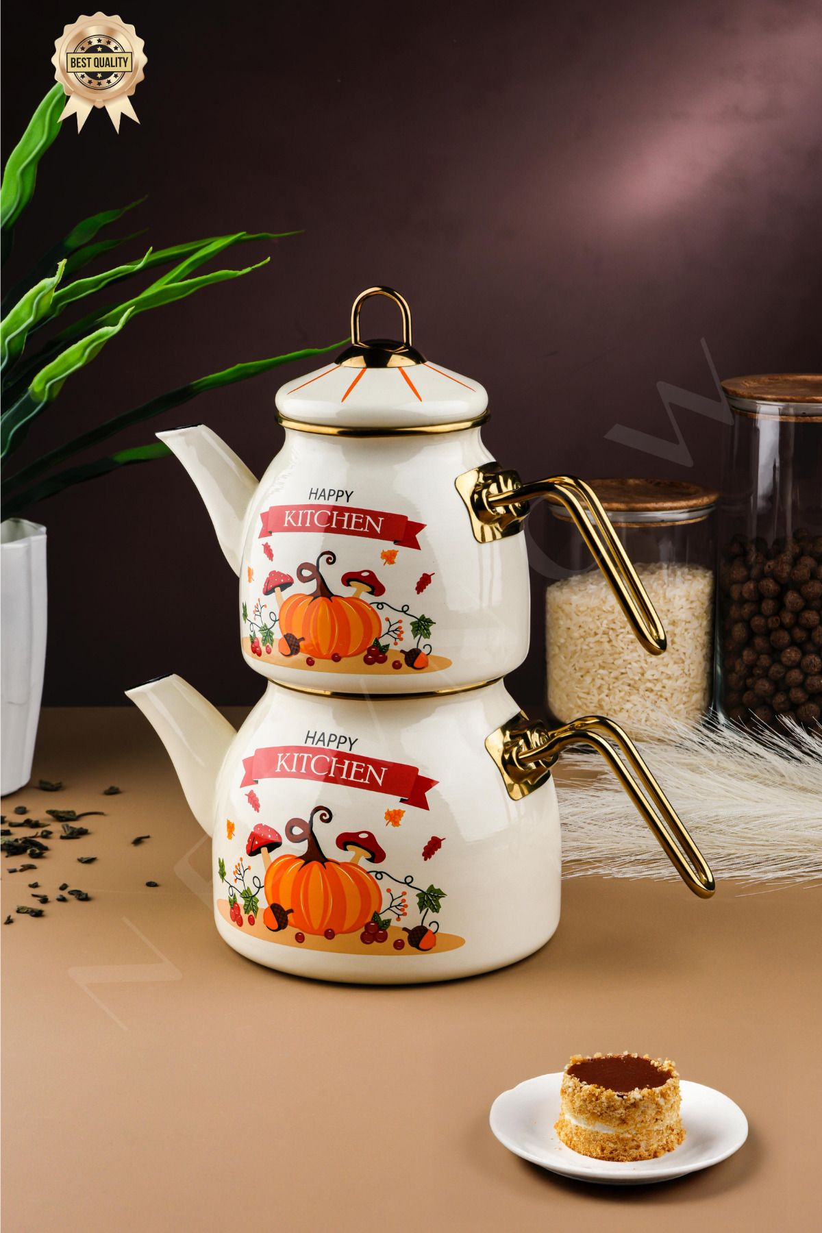 NEWNOW Happy Kitchen Desenli 2’li Emaye Çaydanlık Takımı Gold Saplı, Sonbahar Temalı
