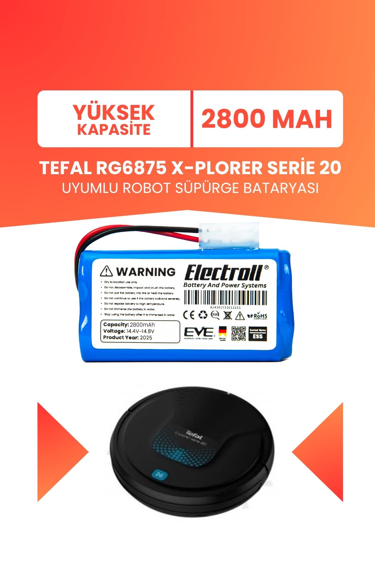 ELECTROLL Tefal RG6875 X-Plorer Serie 20 Uyumlu Batarya (YÜKSEK KAPASİTE) 2800mah Pil Robot Süpürge Bataryası