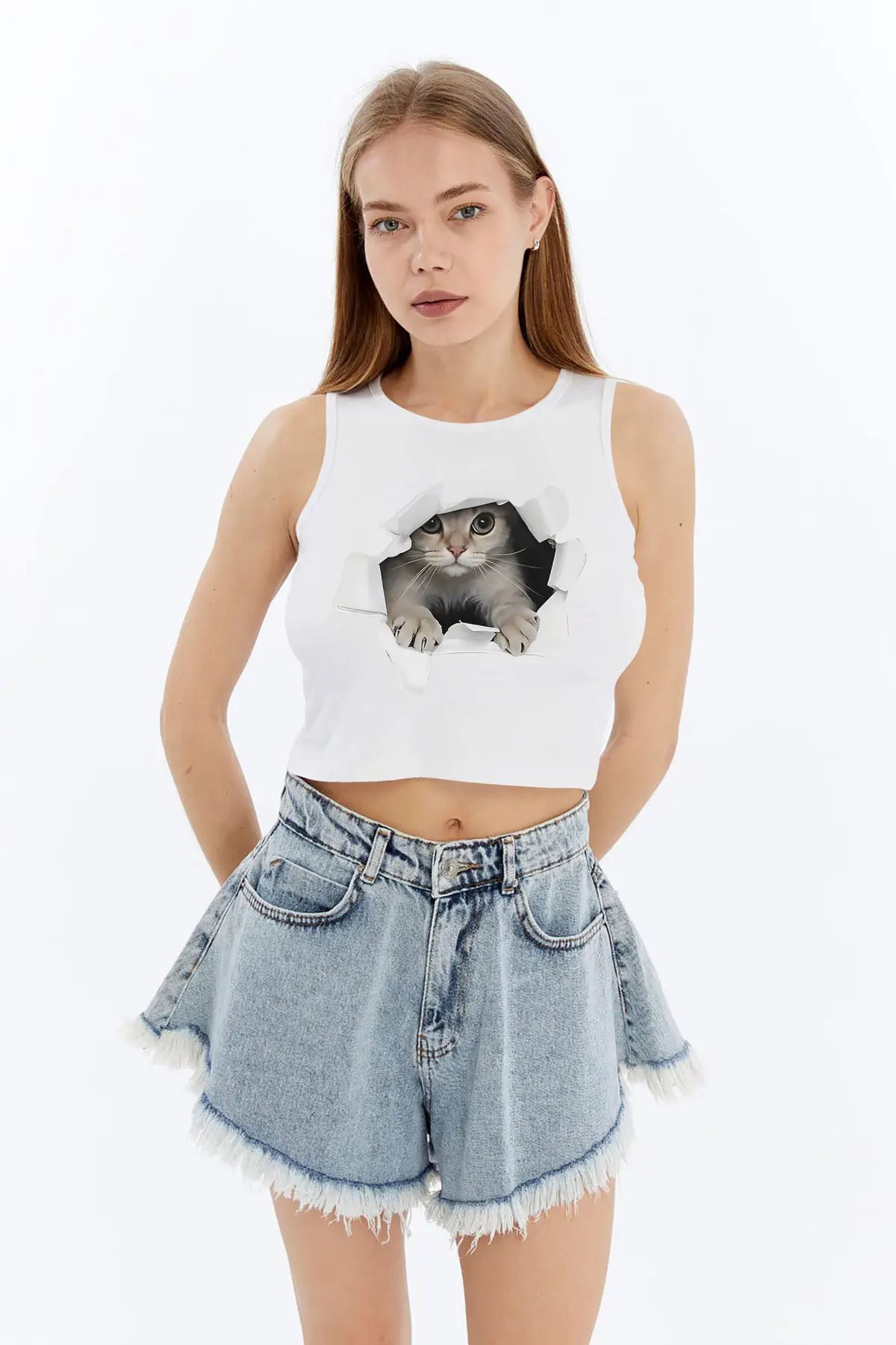 MYFORA Kedicik Desenli Viskon Kadın Crop Tişört