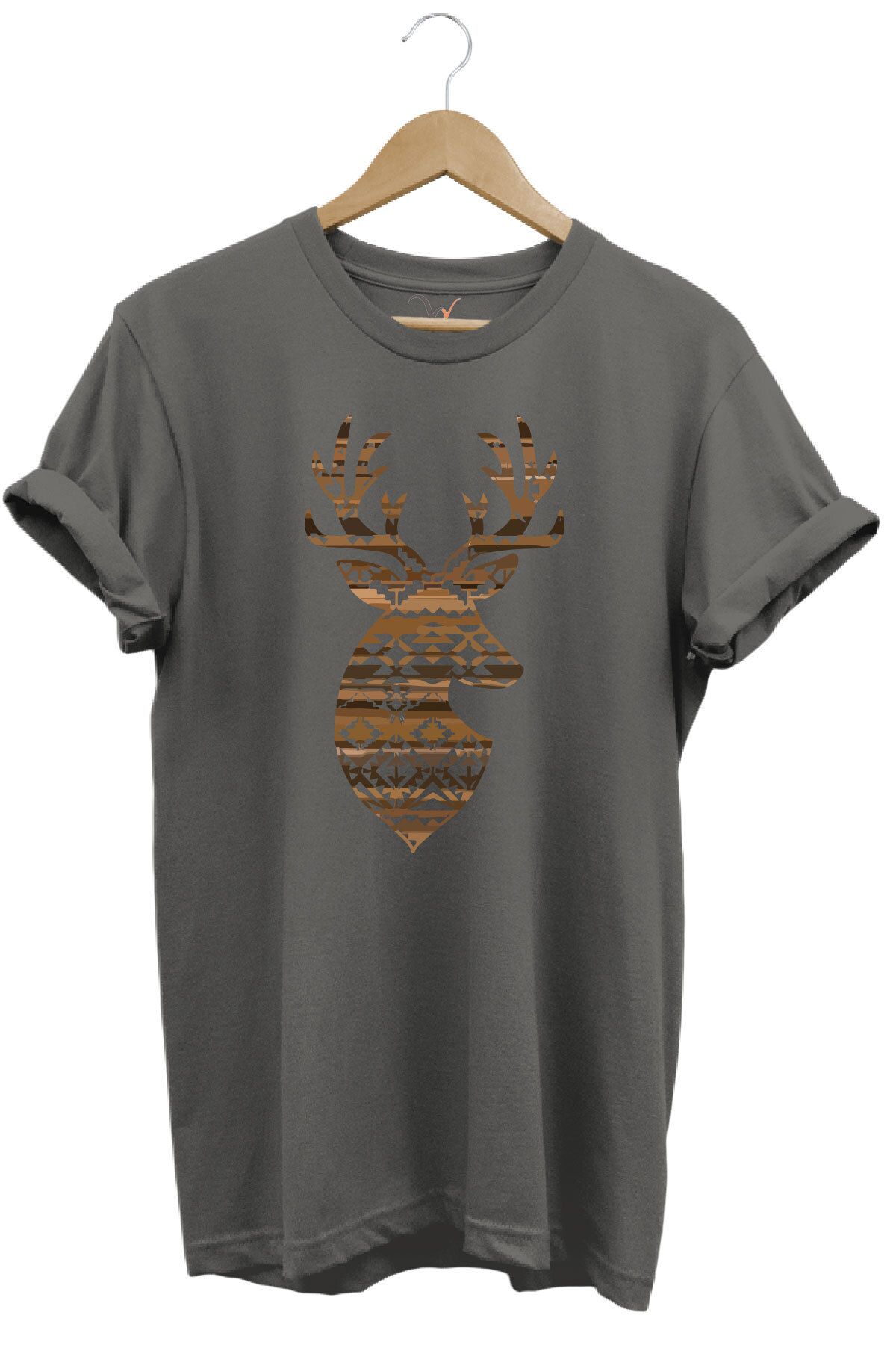 WİDİ Avcılık Mozaik Desenli Geyik Tasarım Baskılı %100 Pamuk Regular Fit Bisiklet Yaka Premium T-Shirt