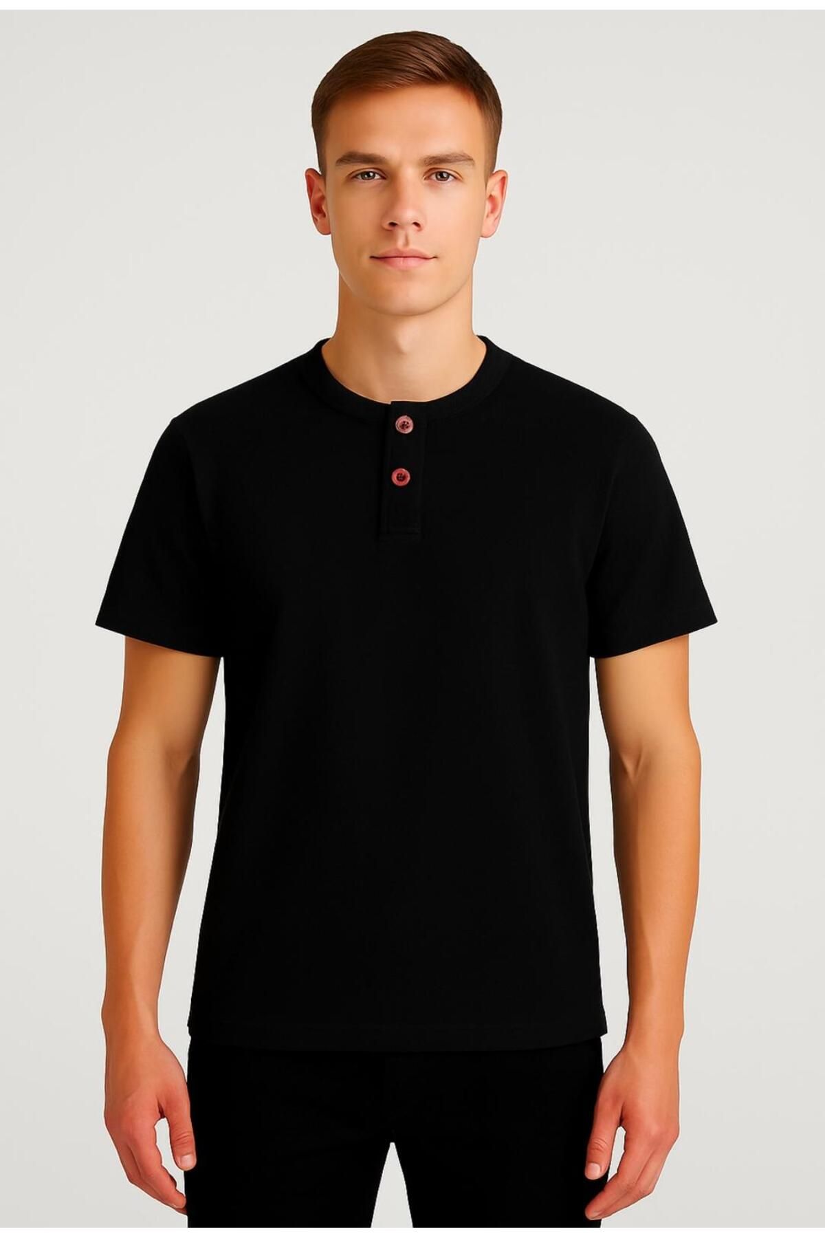 AXXEL Erkek Siyah Henley Kısa Kollu T-shirt-d807