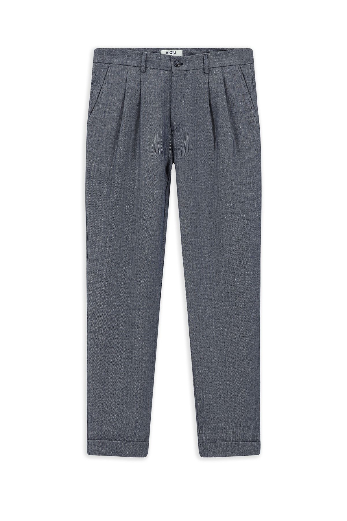 Kiğılı Slim Fit Dar Kesim Desenli Keten Karışımlı Pileli Klasik Kumaş Pantolon