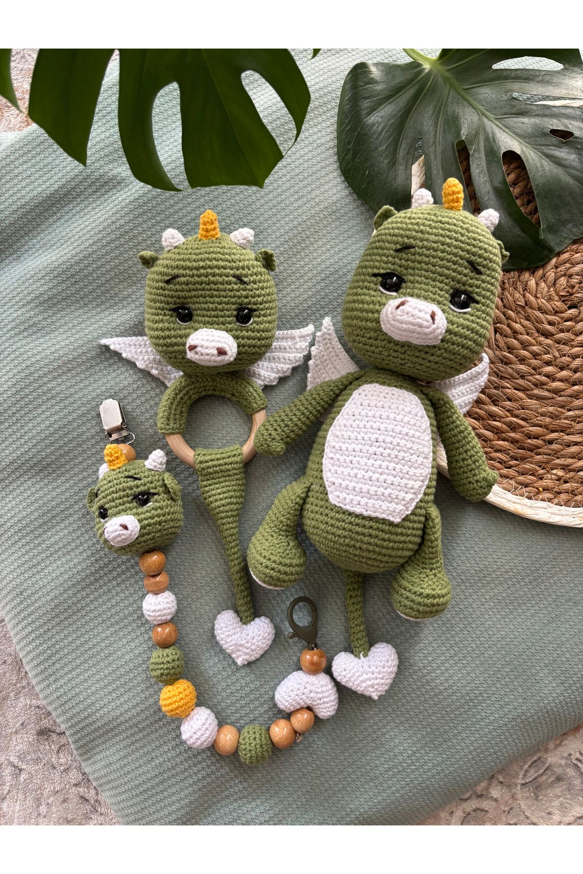 Aia&Co Dino Yeni Doğan Amigurumi Organik Oyuncak Seti Emzik Zinciri Çıngırak Uyku Arkadaşı