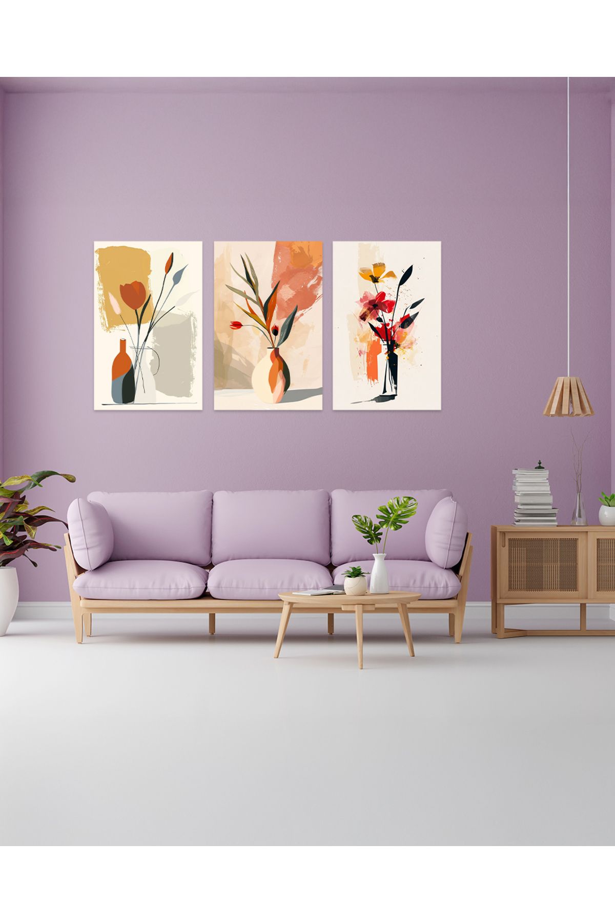 ea artworks 3'lü Bohem Vazolu Çiçek Tablo Ev Dekorasyon Salon Tablosu Kanvas Tablo