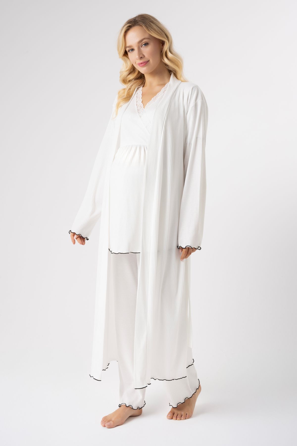 CT MODA Kadın Ekru Özel Tasarım Dantel Detaylı Yazlık %100 Pamuk Hamile Sabahlık Pijama Takımı Set