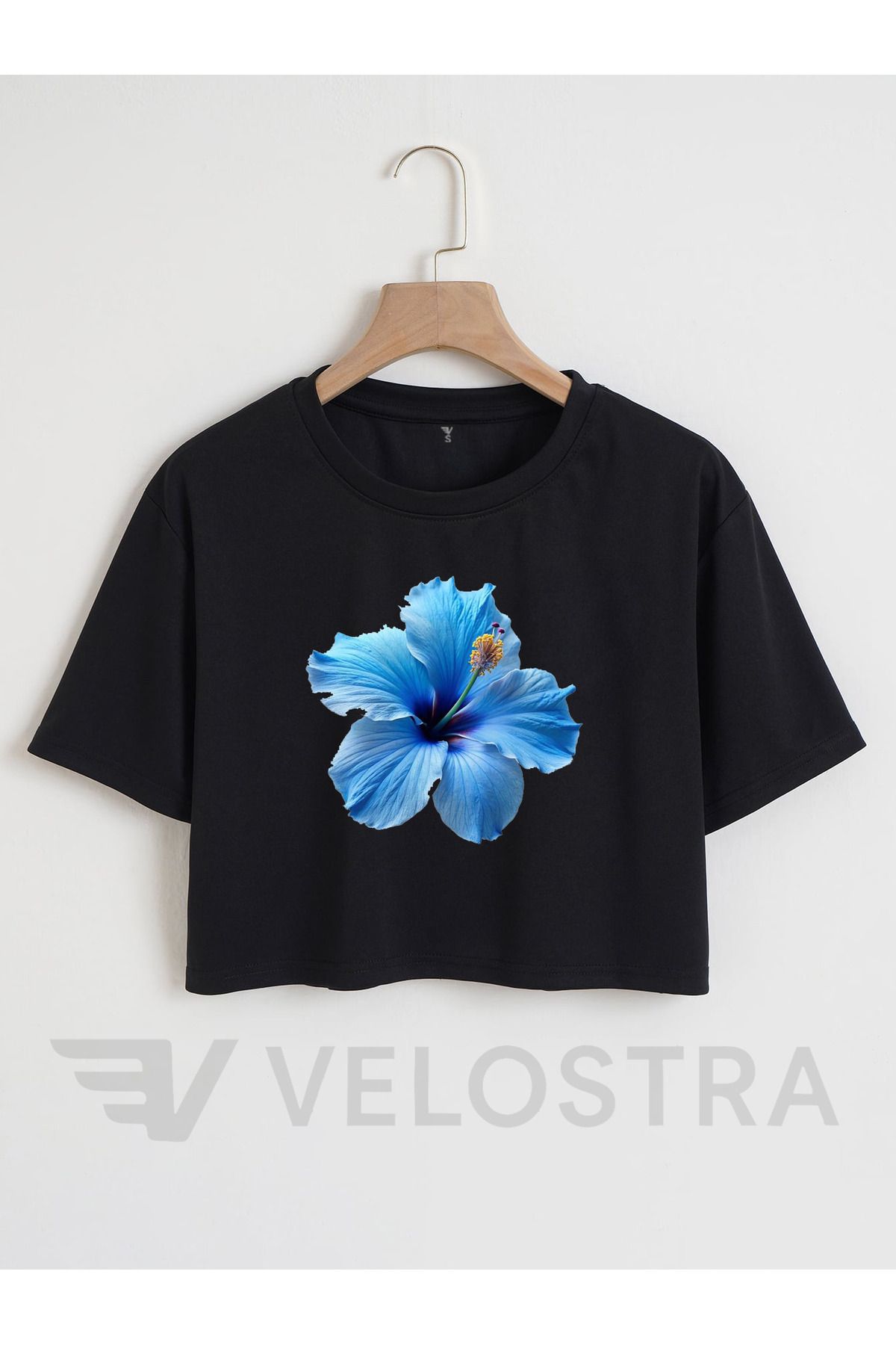Velostra Kadın Mavi Çiçek Baskılı Tee Crop