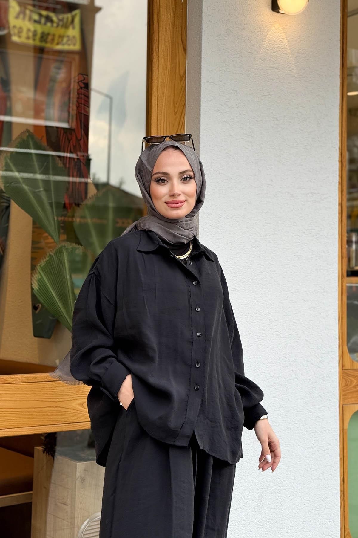 MERVE KAYKISIZ Modal Oversize Gömlek Siyah