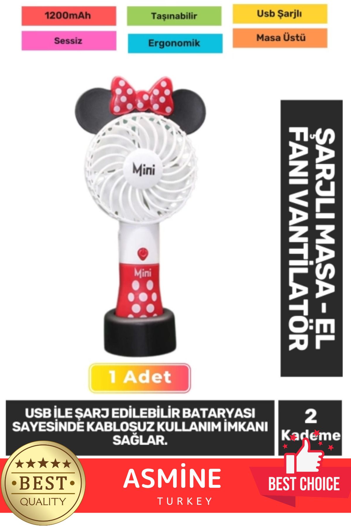 Örensa Sessiz 2 Kademeli Hafif Kablosuz 1200mAh Pervaneli Taşınabilir Usb Şarjlı Masa El Fanı Vantilatör