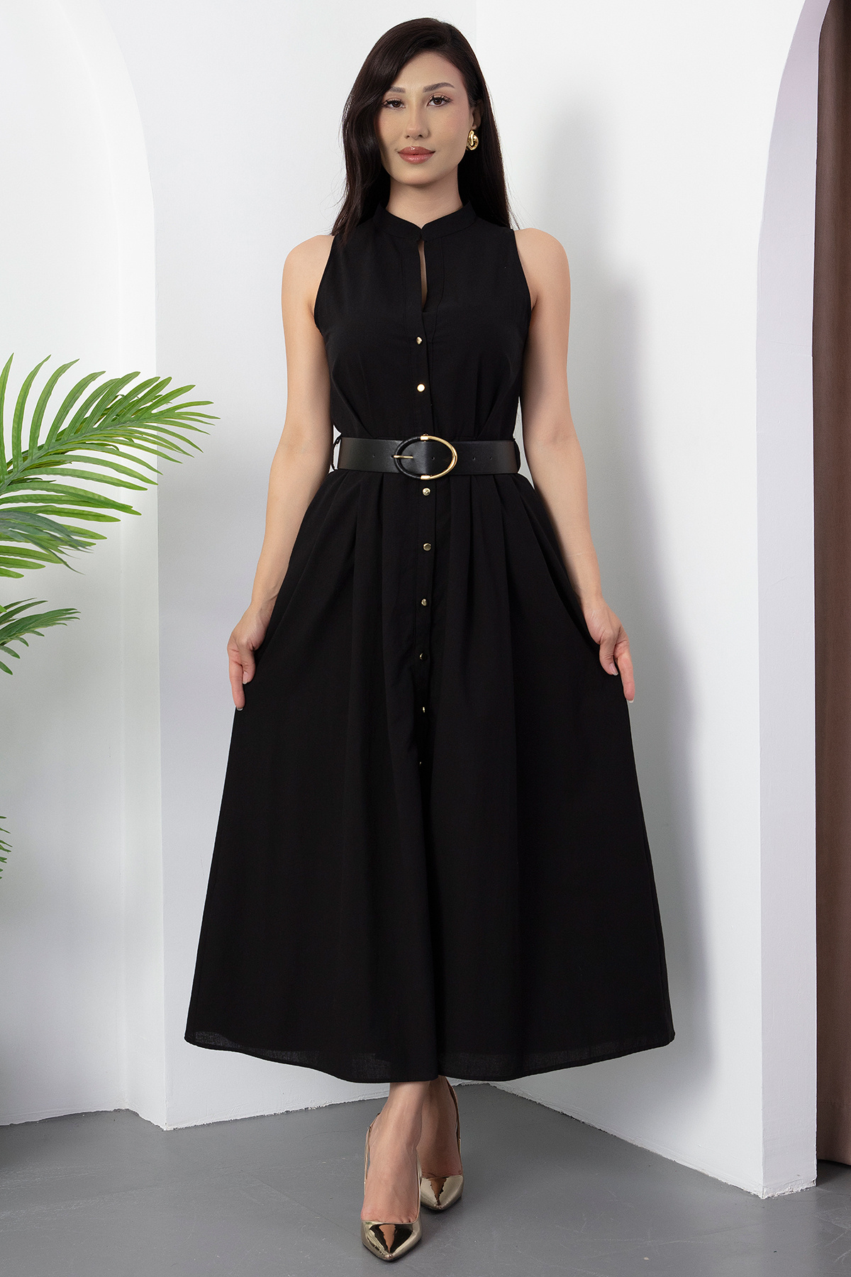 PULLIMM-Rochie de damă cu curea din piele cu nasturi GRS3747 7