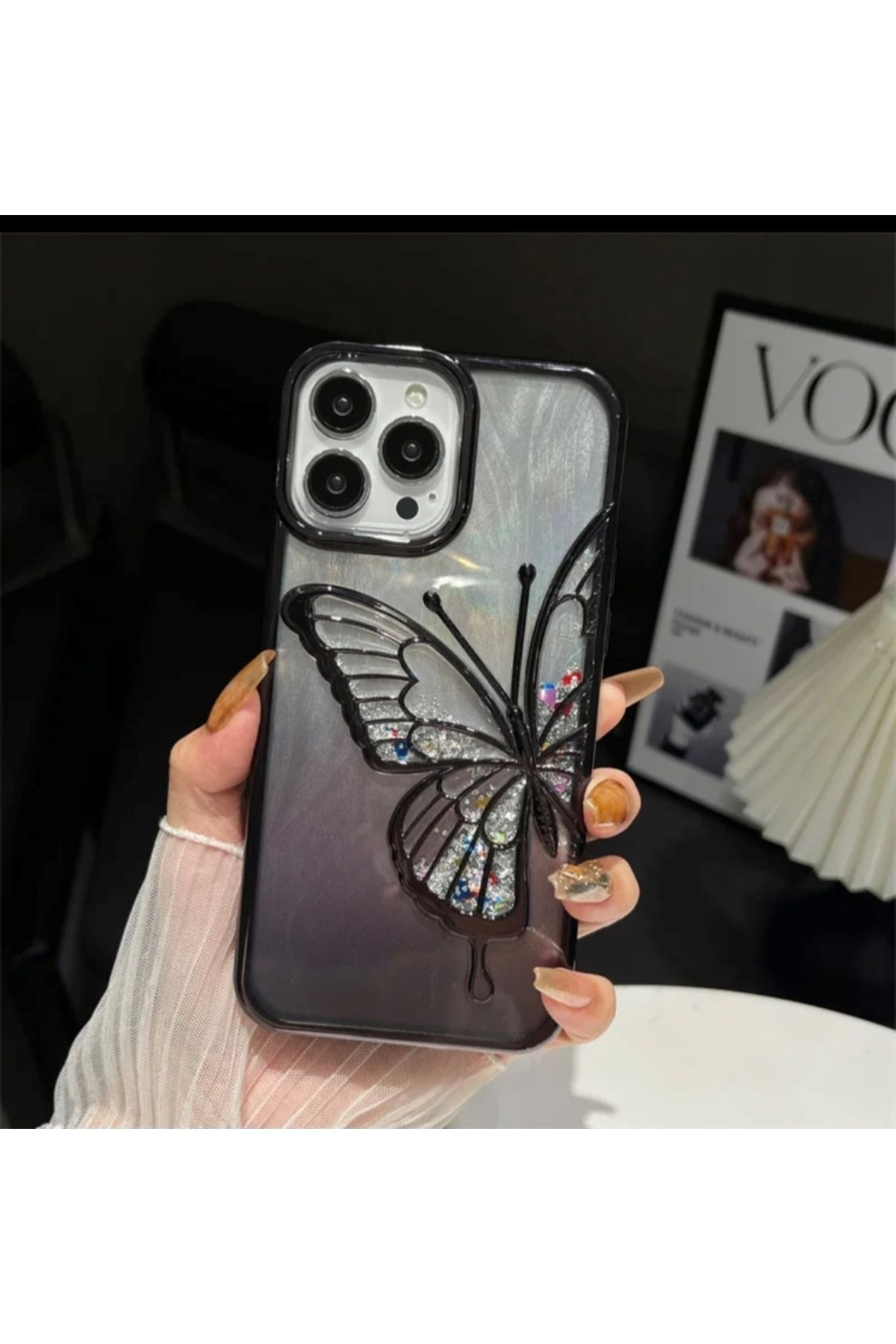 Techno iPhone 14 Pro Max Uyumlu 3D Kelebekli Hareketli Sulu Simli Kamera Koruma Çıkıntılı Lüks Kılıf
