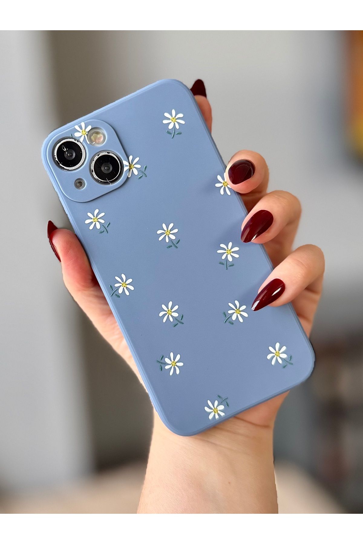 MirazTasarim IPHONE 13 MAVİ PAPATYA DESENLİ KILIF
