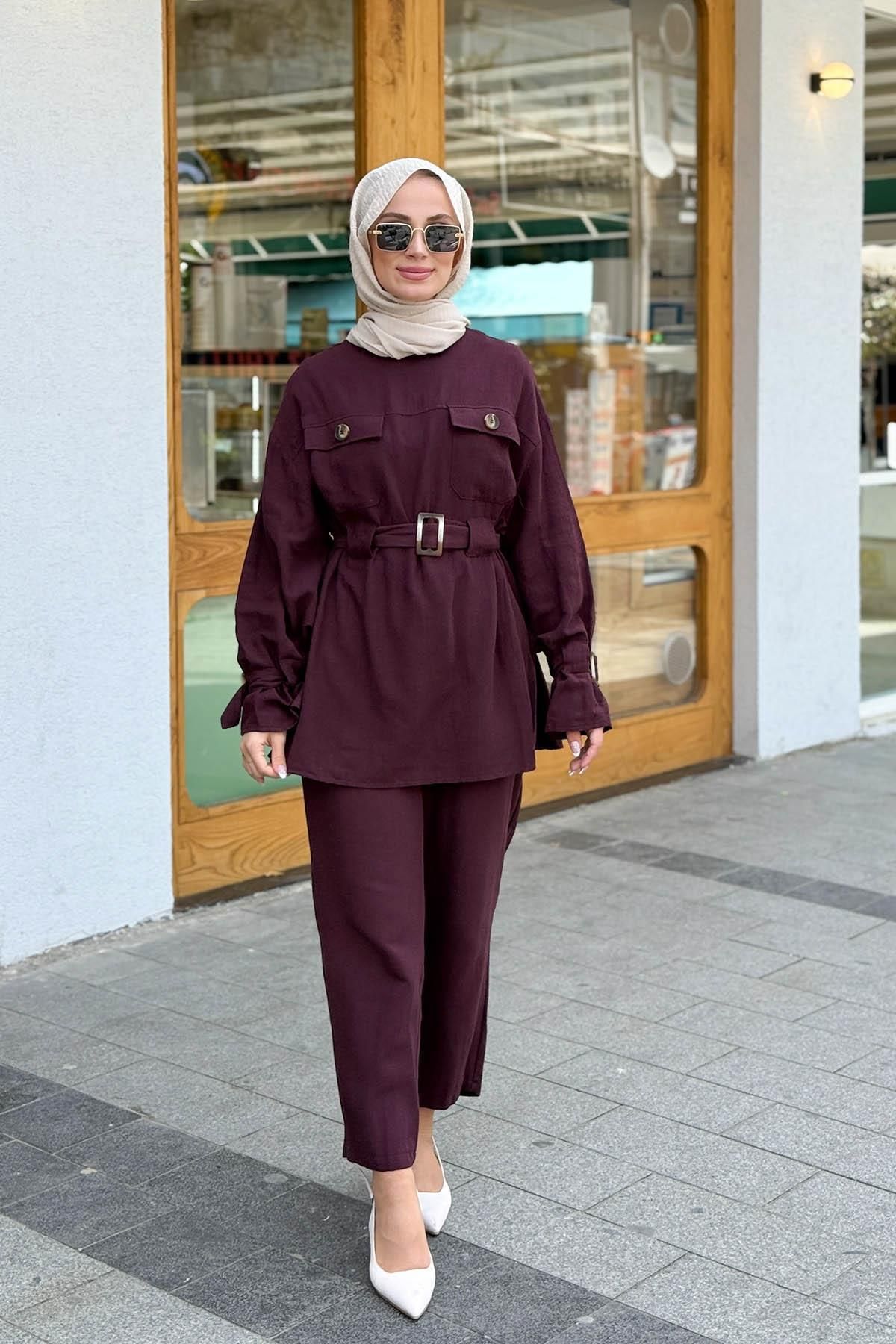 MERVE KAYKISIZ Keten İki Cep Kapalı Pantolon Takım Bordo