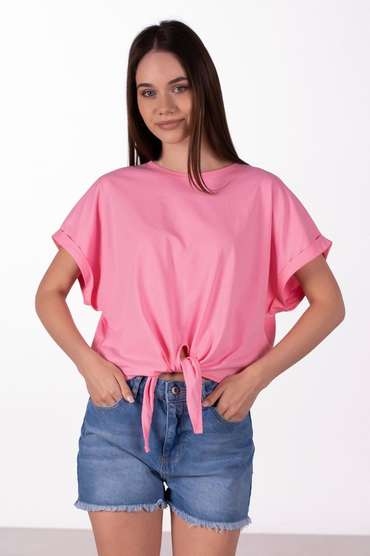 BARRELS AND OIL Double Kol Önü Bağlamalı T-Shirt - Pembe