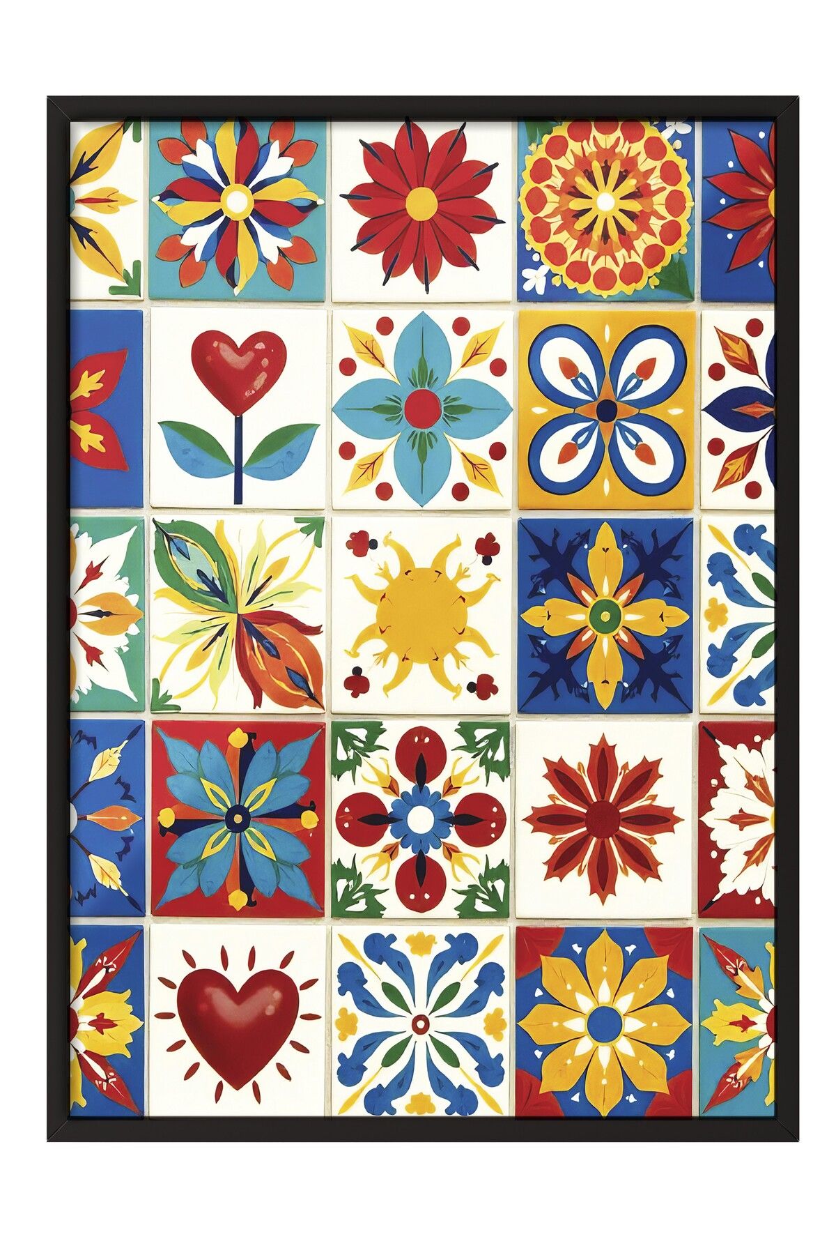 Postifull Siyah Çerçeveli Poster Tablo, Karışık Renkli Kareler, İllüstrasyon, Maximalist, Kırmızı Renk Poster,