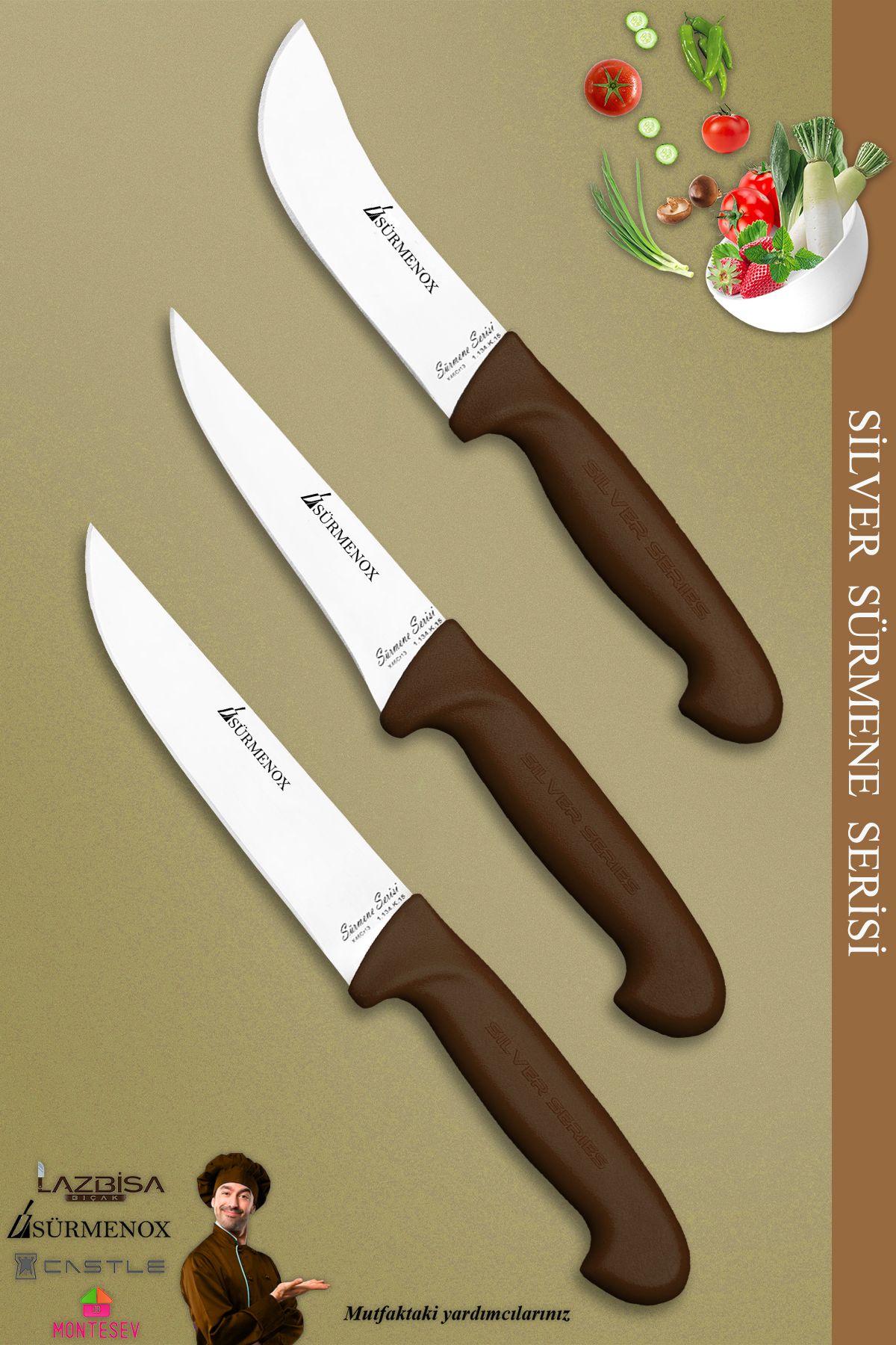 SÜRMENOX Sürmene Silver Serisi Kahve Sap Mutfak Bıçak Kurban Seti Et Ekmek Sebze Bıçağı 3 Lü Set (Srm-025)