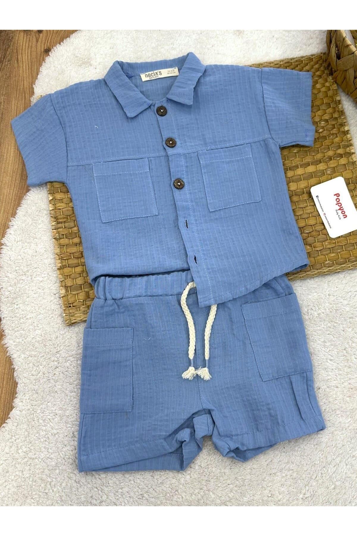 Papyon Baby Kids Roma Cepli Gömlekli Şortlu Erkek Bebek Müslin Takım (6-9/9-12/12-18/18-24 Ay)