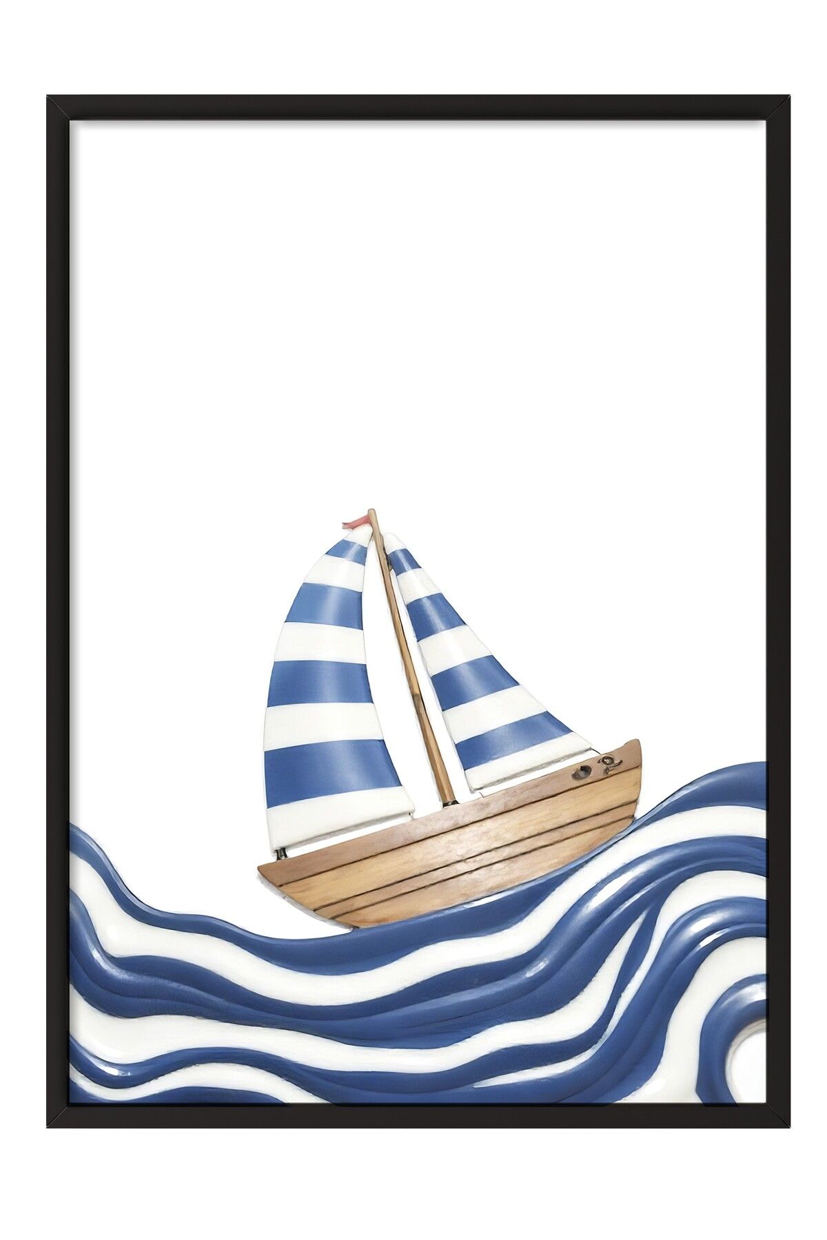 Postifull Siyah Çerçeveli Poster Tablo, Mavi Çizgili Yelkenli, İllüstrasyon, Mavi Renk Poster, 2025 Yaz Seçkis