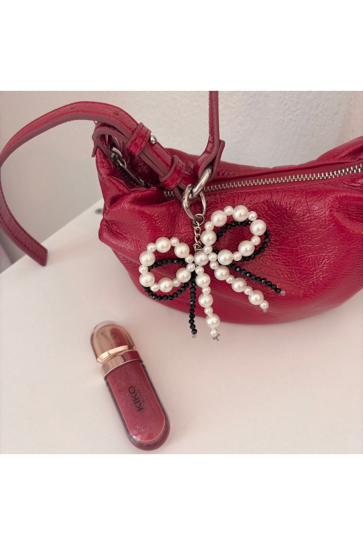 PİNKUE Pinkue Pearl Noir İnci Fiyonk Charm/ Anahtarlık/ siyah beyaz fiyonk/ aksesuar