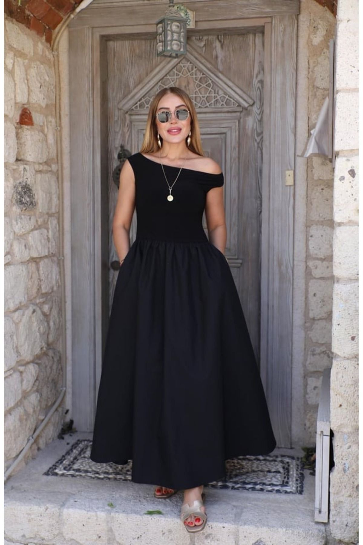 QİMYA BUTİK BUKETLİ Kadın Kalın Askılı Bir Omzu Çapraz Üstü Örme Altı Poplin Maxi Boy ELBİSE