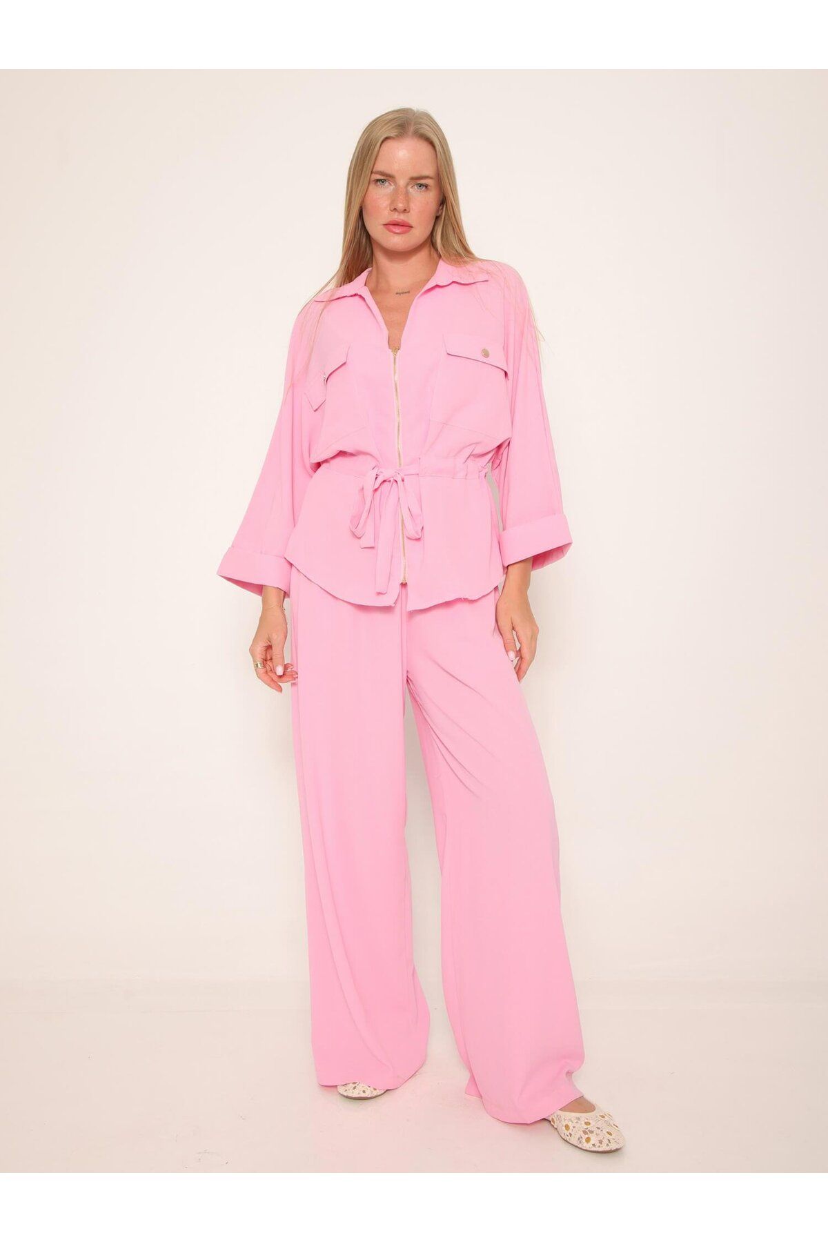 Coral Fermuarlı Gömlek Pantolon Takım Pembe