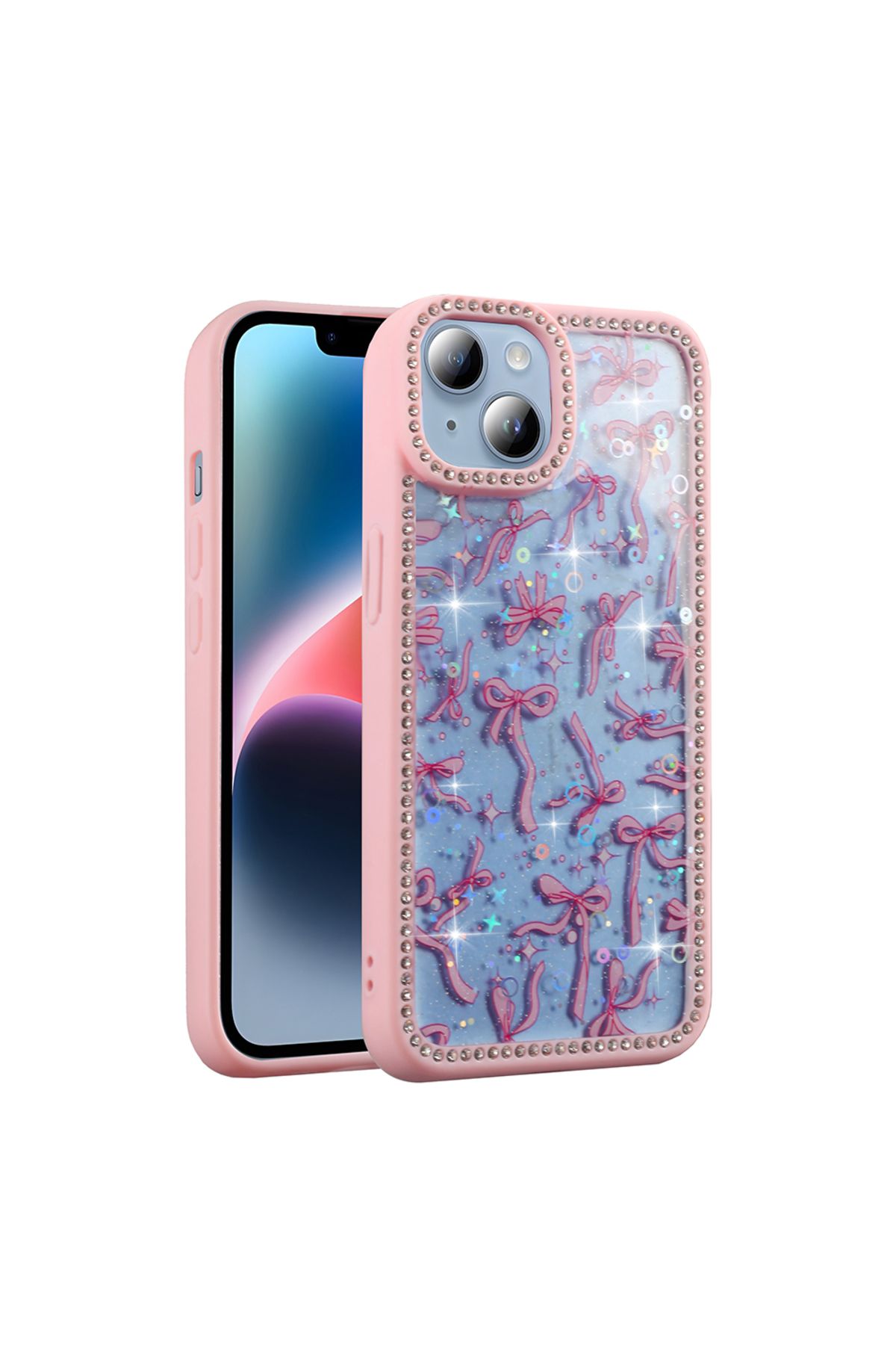 m.tk moveteck İphone 13 Ve 14 Uyumlu Kılıf Kelebek Pink Fiyonk Desenli Yumuşak Simli Taşlı Kenarlı Kamera Korumalı