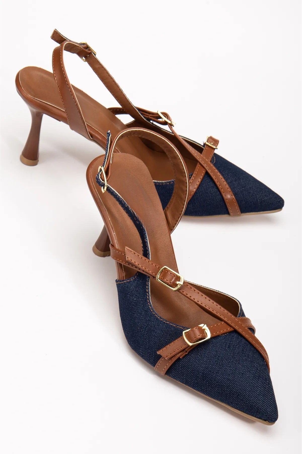 DİGGO Lacivert Kot Denim Sivri Burun Kapalı Tokalı Arkası Açık Stiletto
