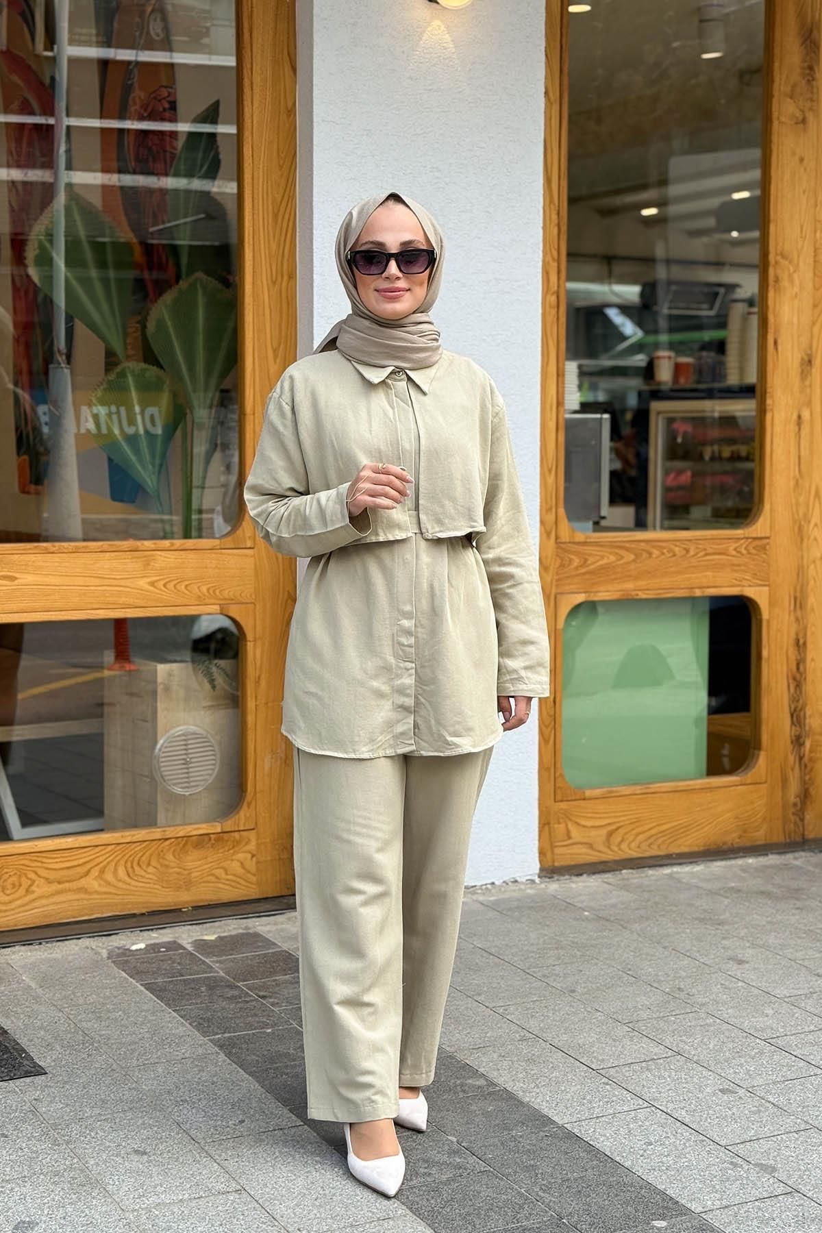 MERVE KAYKISIZ Bolero Gömlek Pantolon Takım Çağla Yeşili