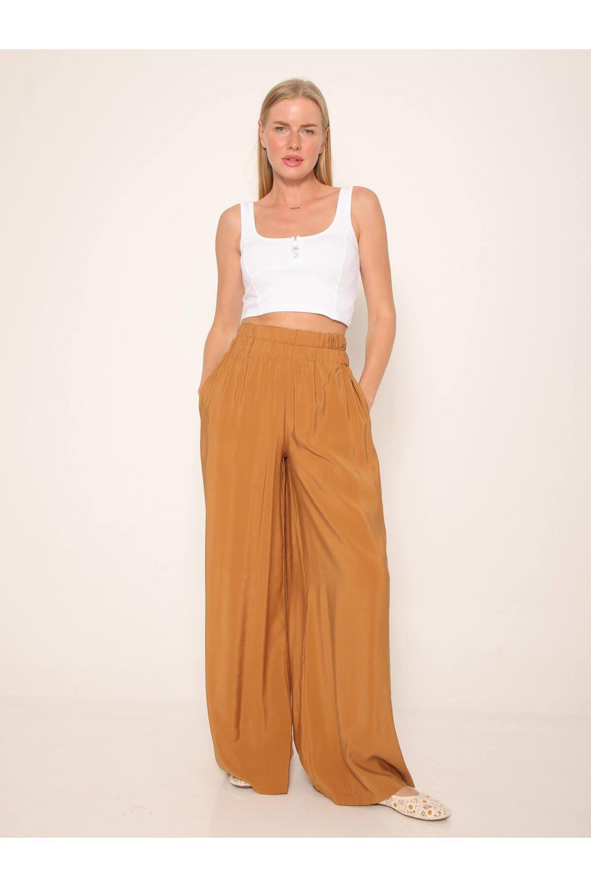 Coral Beli Lastikli Geniş Paça Pantolon Kahve