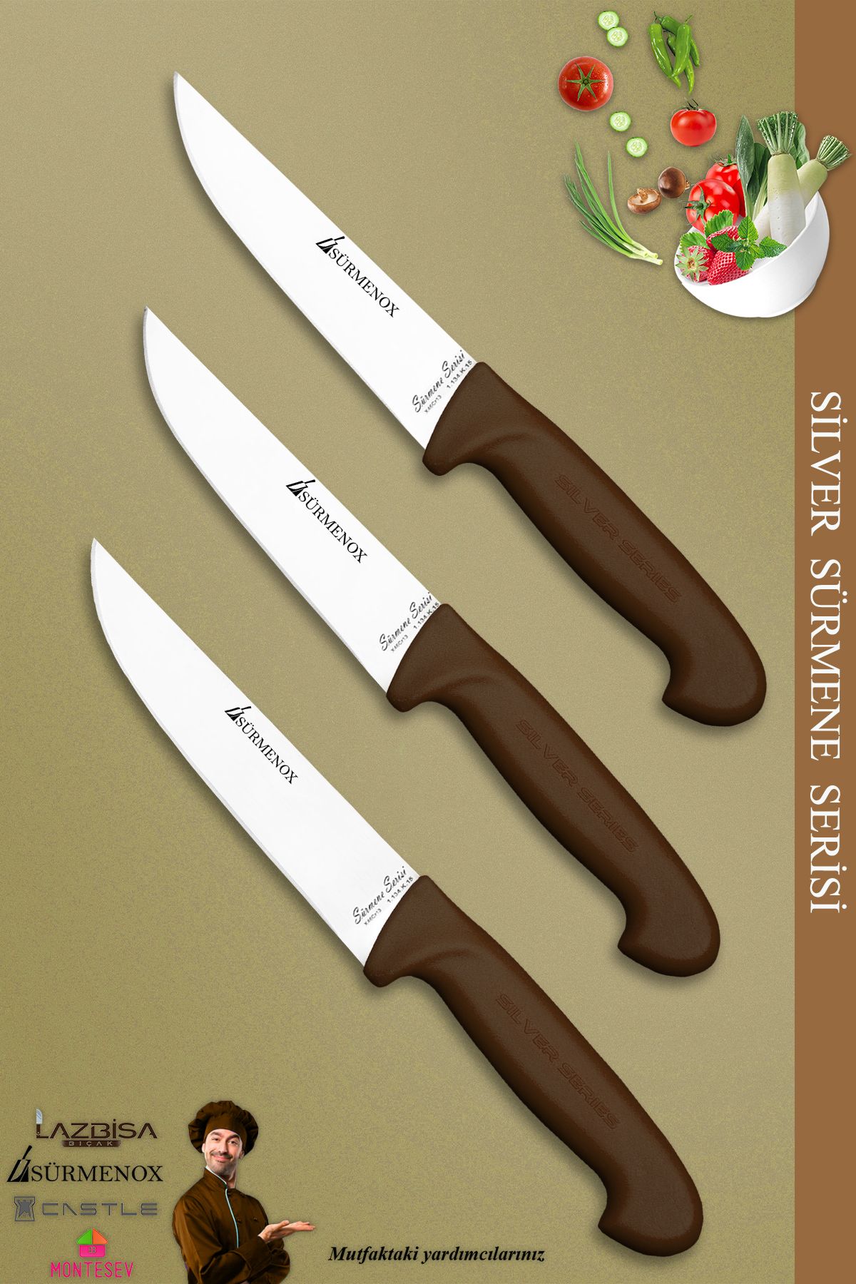 SÜRMENOX Sürmene Silver Serisi Kahve Sap Mutfak Bıçak Seti Et Ekmek Sebze Bıçağı 3 Lü Set ( Srm-022)