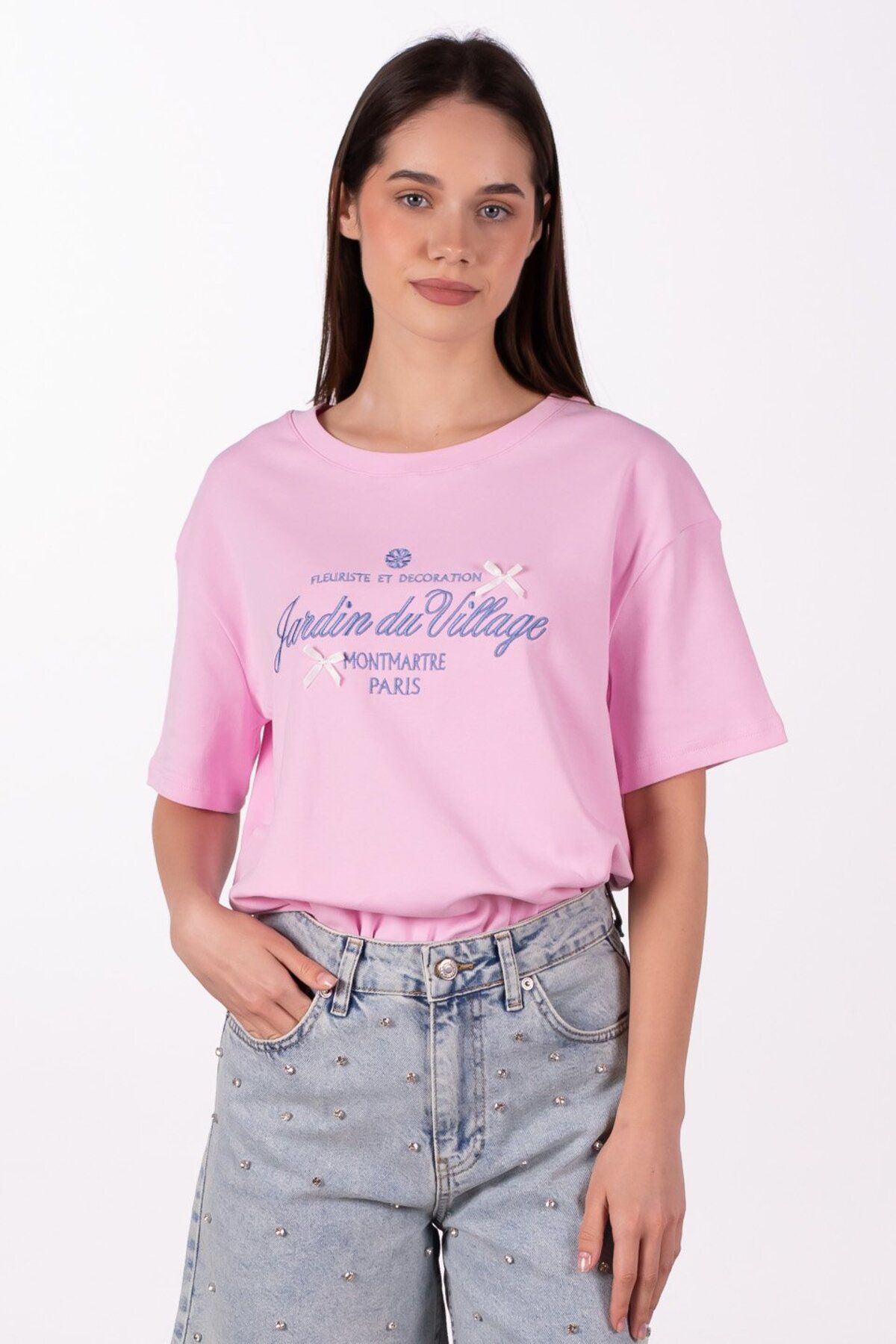 BARRELS AND OIL Önü Yazılı Kurdele Detaylı T-Shirt - Pembe