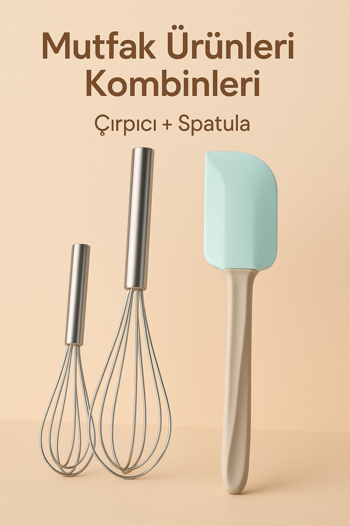 IKEA Bakglad Silikon Spatula Bej-Mavi 26 cm + Pabjuda 2'li Paslanmaz Çelik Çırpıcı Set