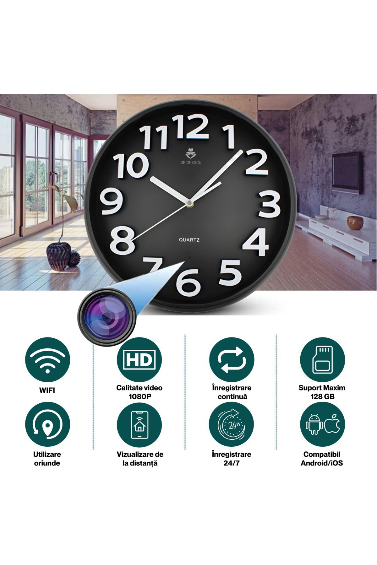 Spionescu-Spy camera in wall clock, C8, Full HD, Wi-Fi, motion detection, 24/7 recording, 90° wide angle 5