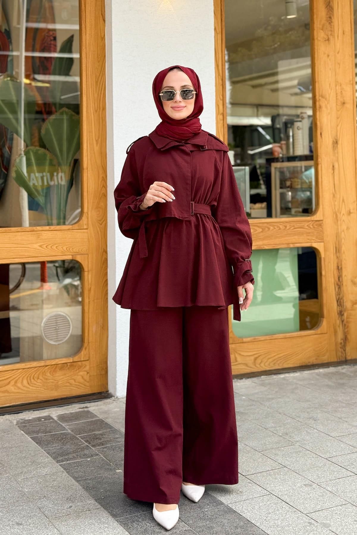 MERVE KAYKISIZ Emilia Keten Trenç Pantalonlu Takım Bordo