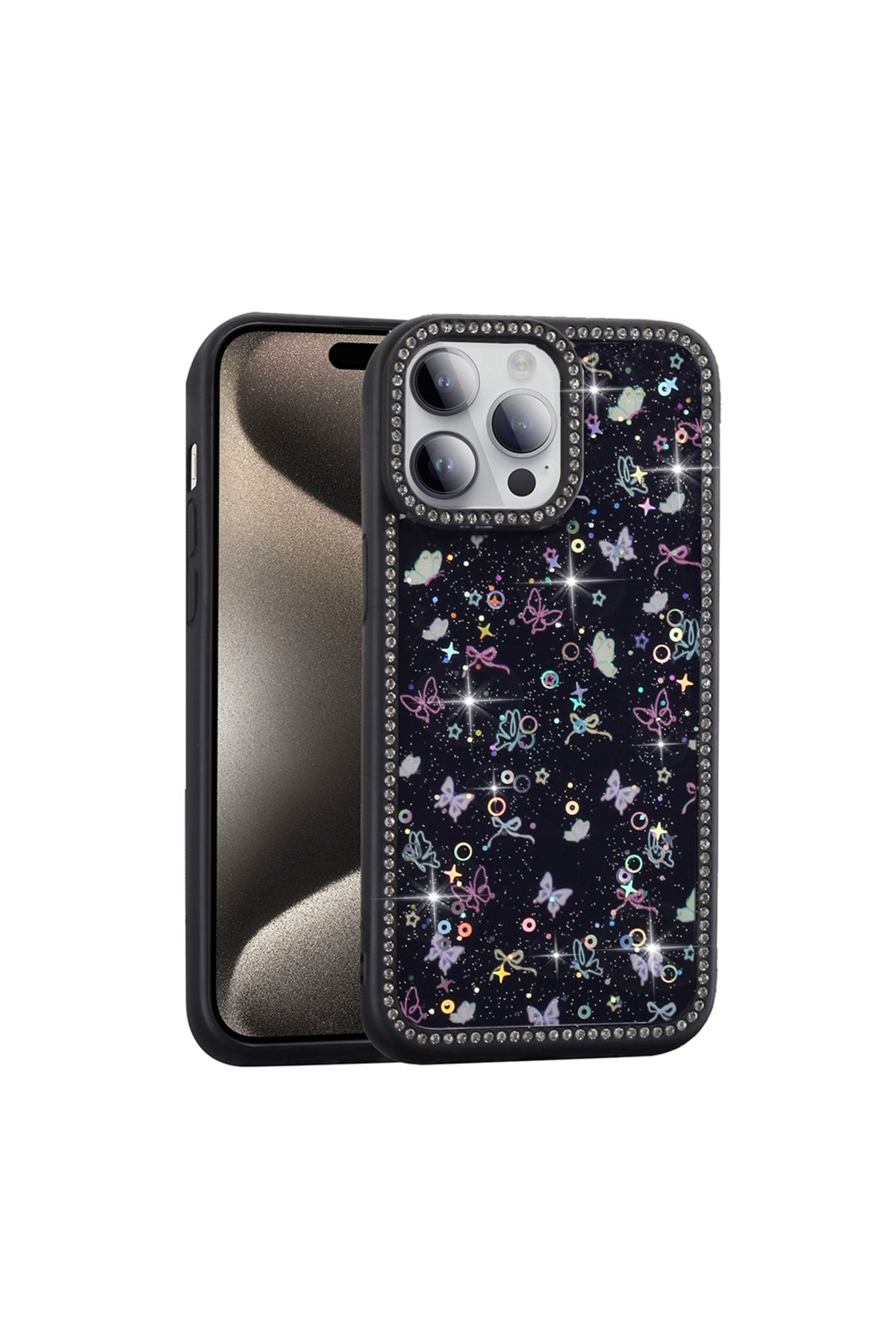 m.tk moveteck İphone 14 Pro Kılıf Kelebek Pink Fiyonk Desenli Yumuşak Simli Taşlı Kenarlı Kamera Korumalı Kapak
