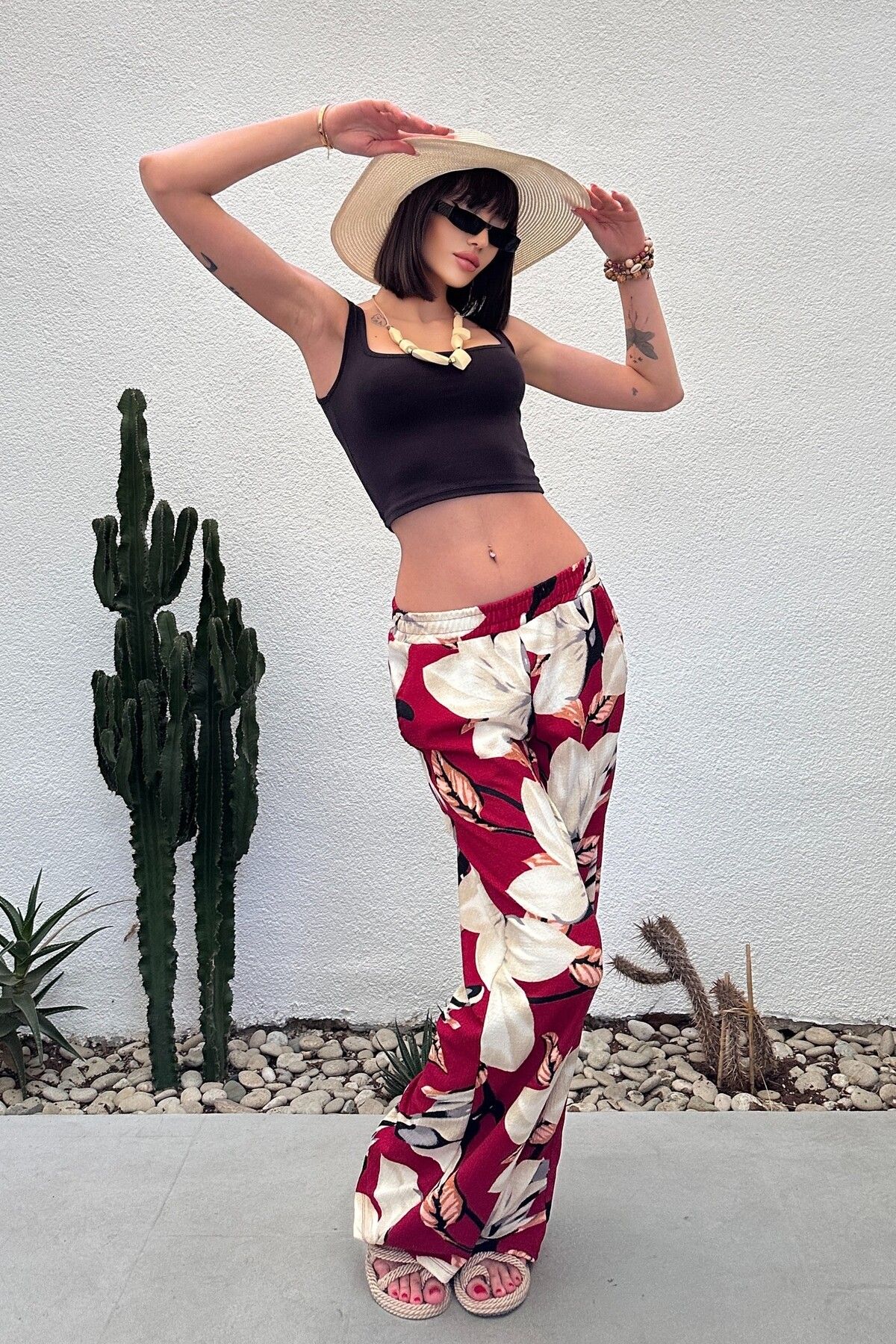 New Now-Leaf Patterned Palazzo Pants with Elastic Waist 3
