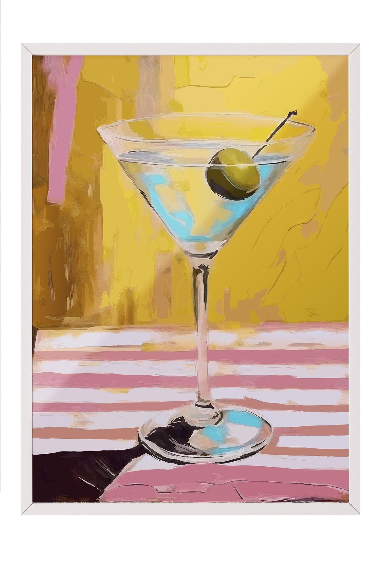 Postifull Beyaz Çerçeveli Tablo, Martini bardağı, Zeytin, Masa örtüsü, Acrylic Painting, Sarı, Pembe Renk Post