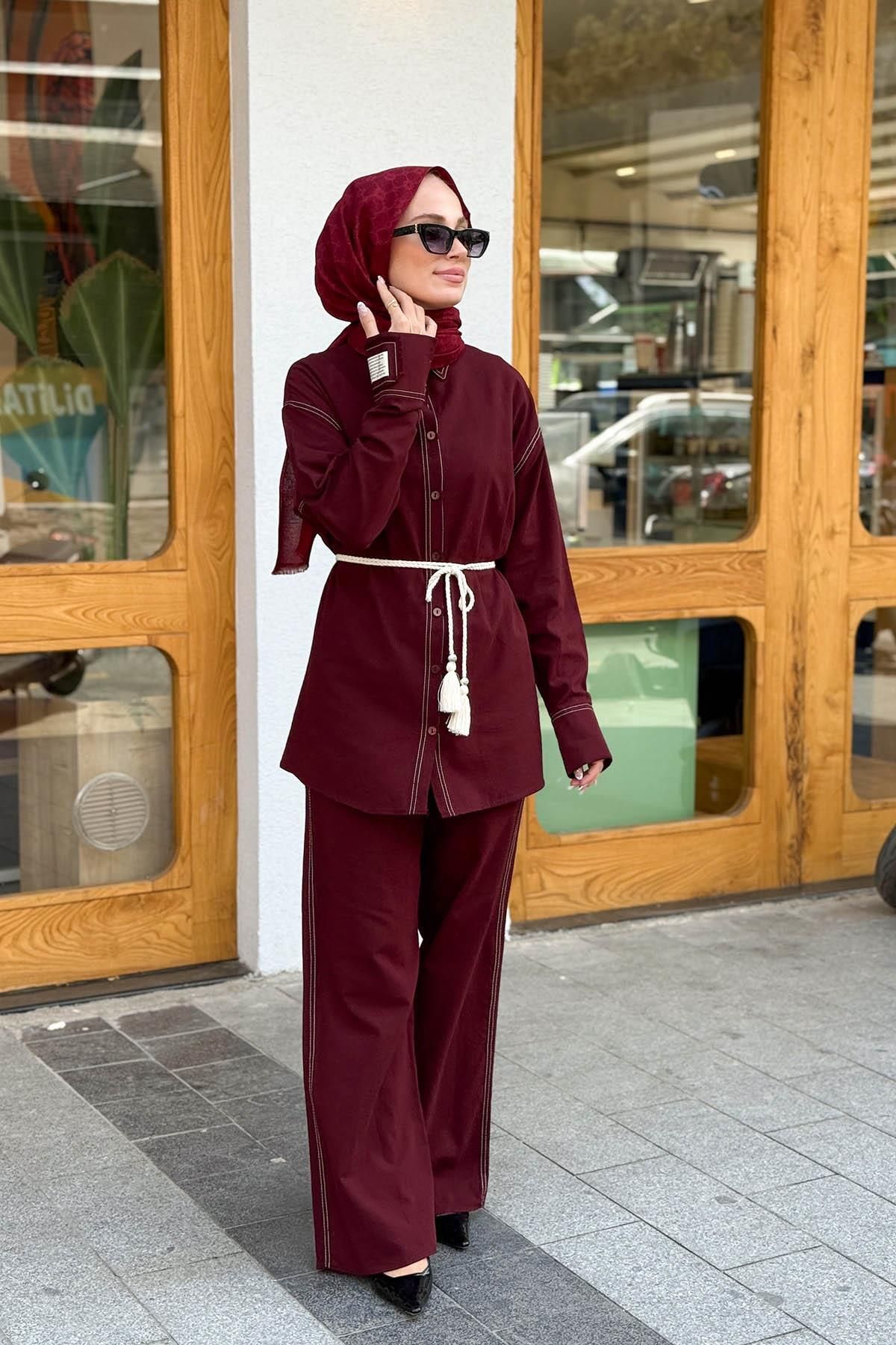 MERVE KAYKISIZ Manşet Detaylı Pantolon Takım Bordo