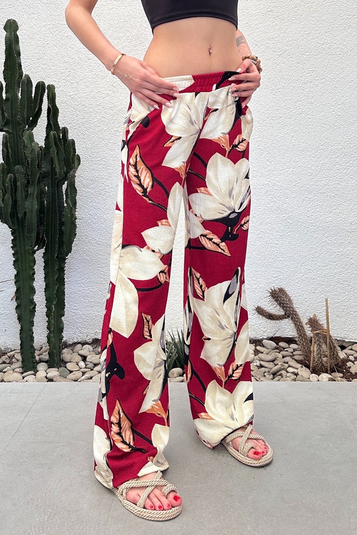 New Now-Leaf Patterned Palazzo Pants with Elastic Waist 2