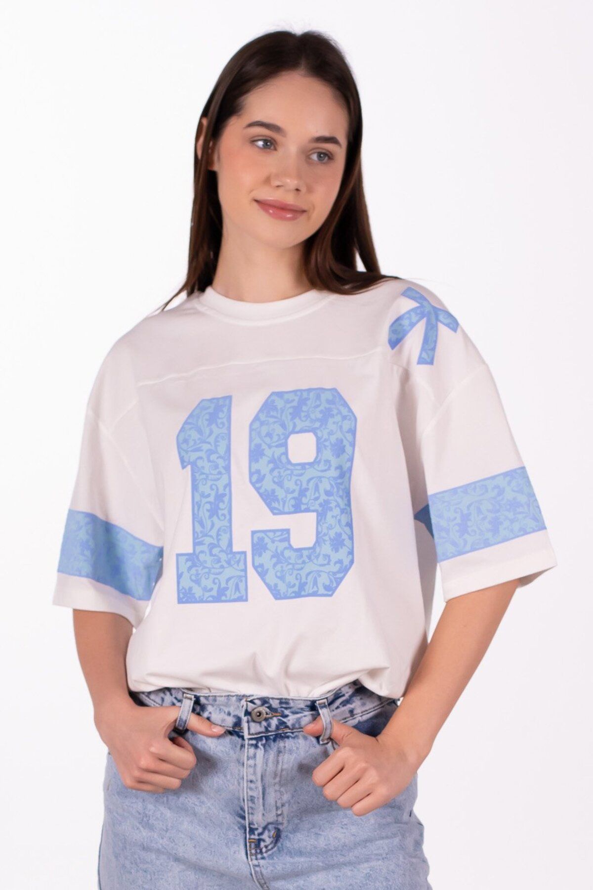 BARRELS AND OIL 19 Baskılı Oversize T-Shirt - Beyaz/Mavi