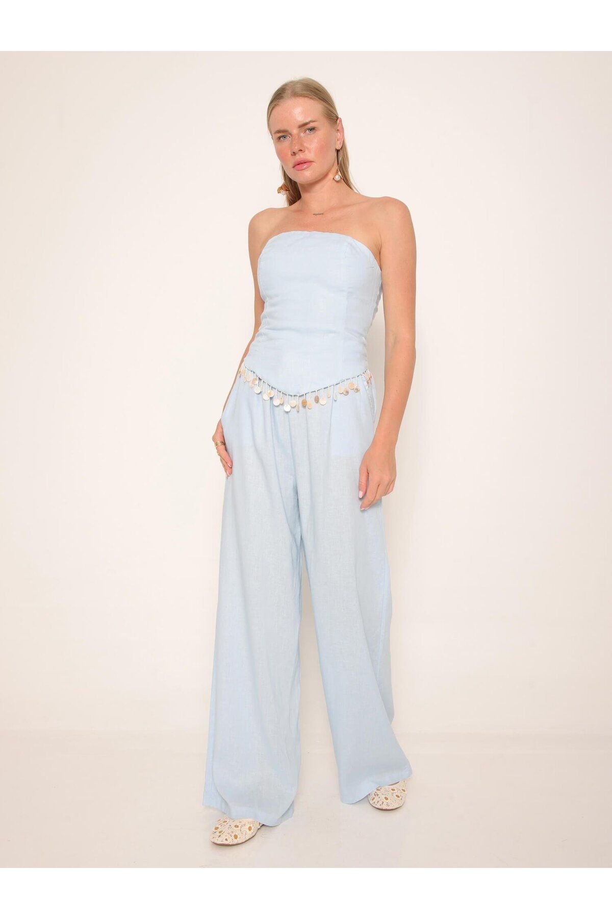 Coral Pul Saçaklı Straplez Bluz Pantolon Takım Bebe Mavi