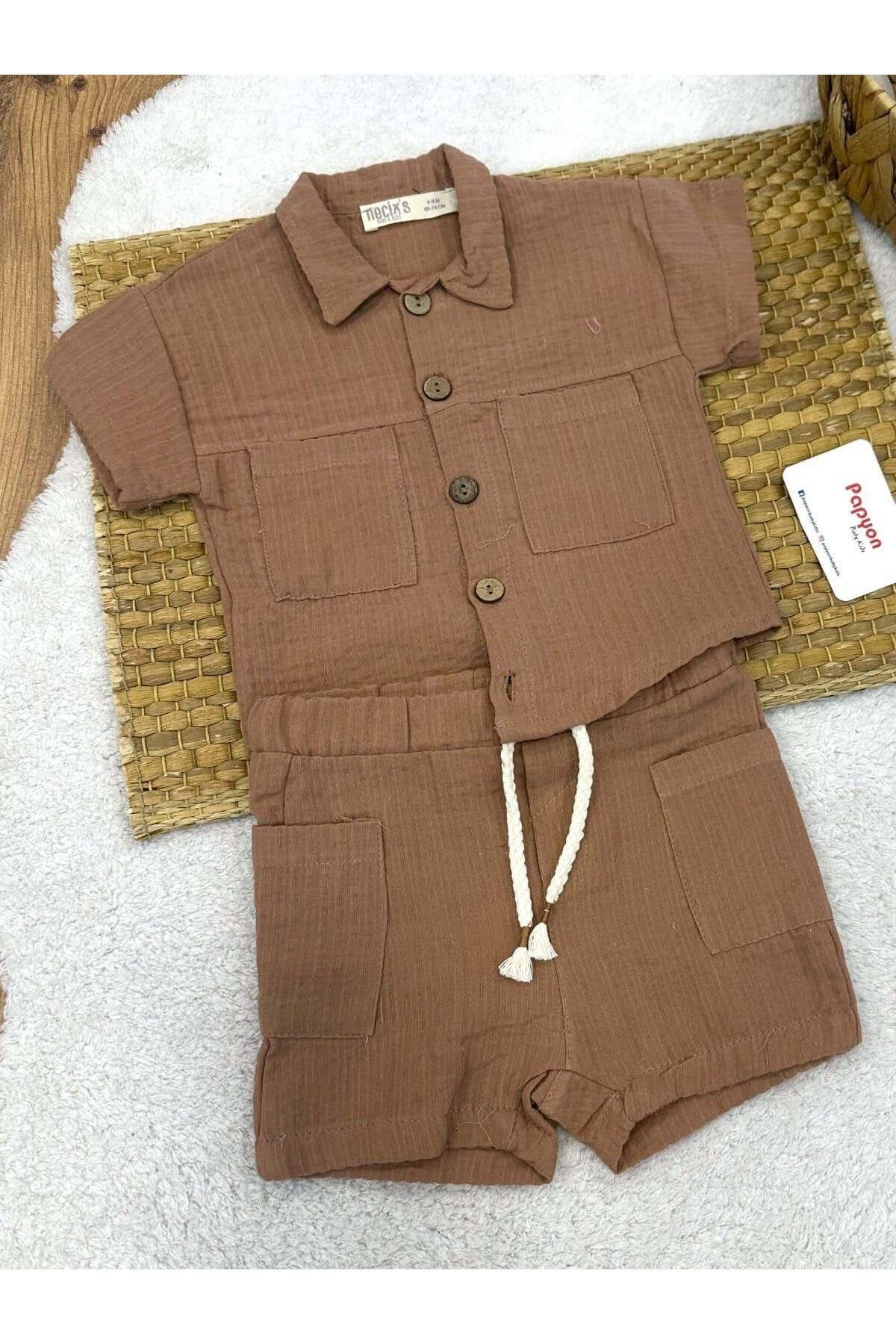 Papyon Baby Kids Roma Cepli Gömlekli Şortlu Erkek Bebek Müslin Takım (6-9/9-12/12-18/18-24 Ay)